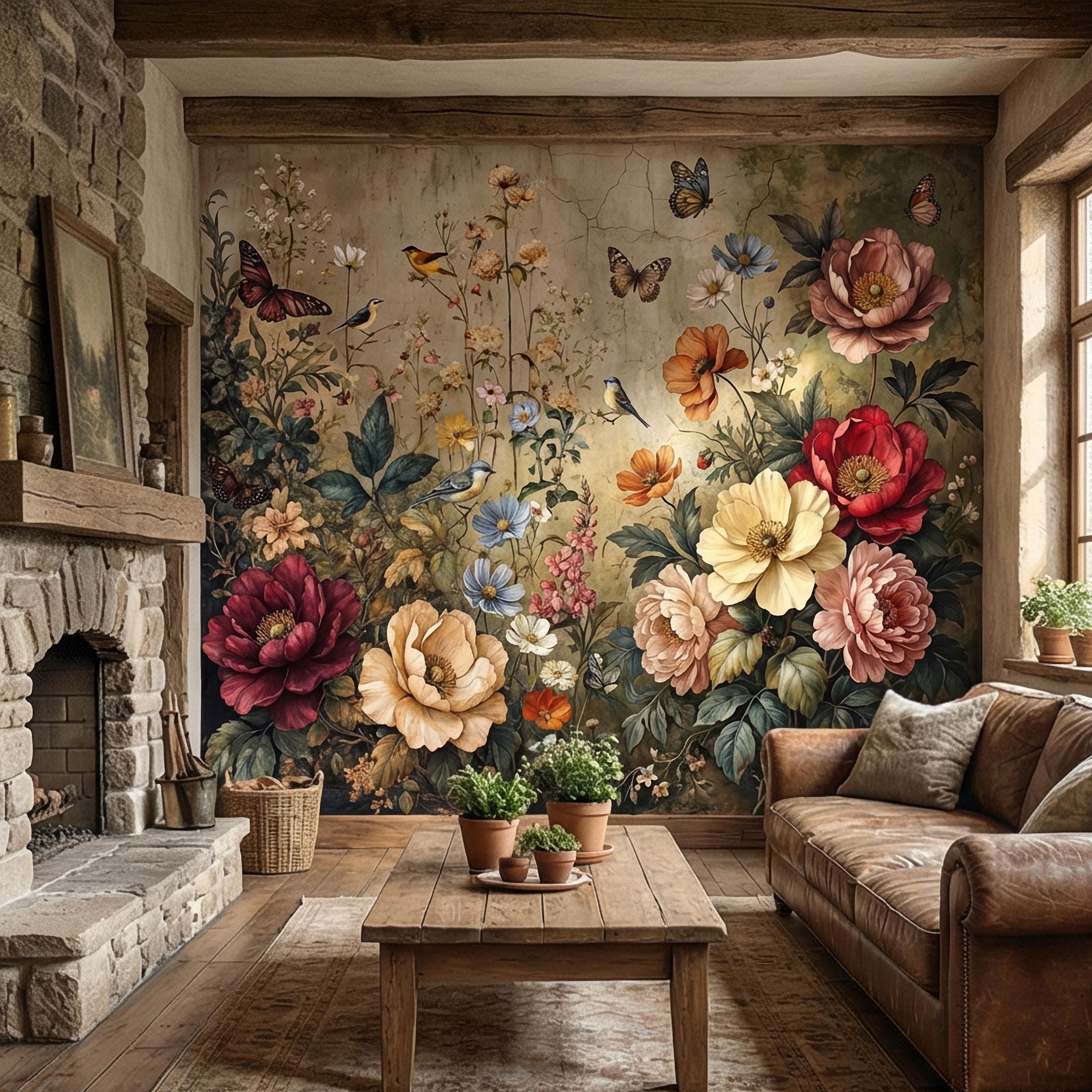 Vintage Floral Peel and Stick Wall Mural, Bird and Butterfly Botanical, Moody Cottage Garden, Antique Bloom Wallpaper