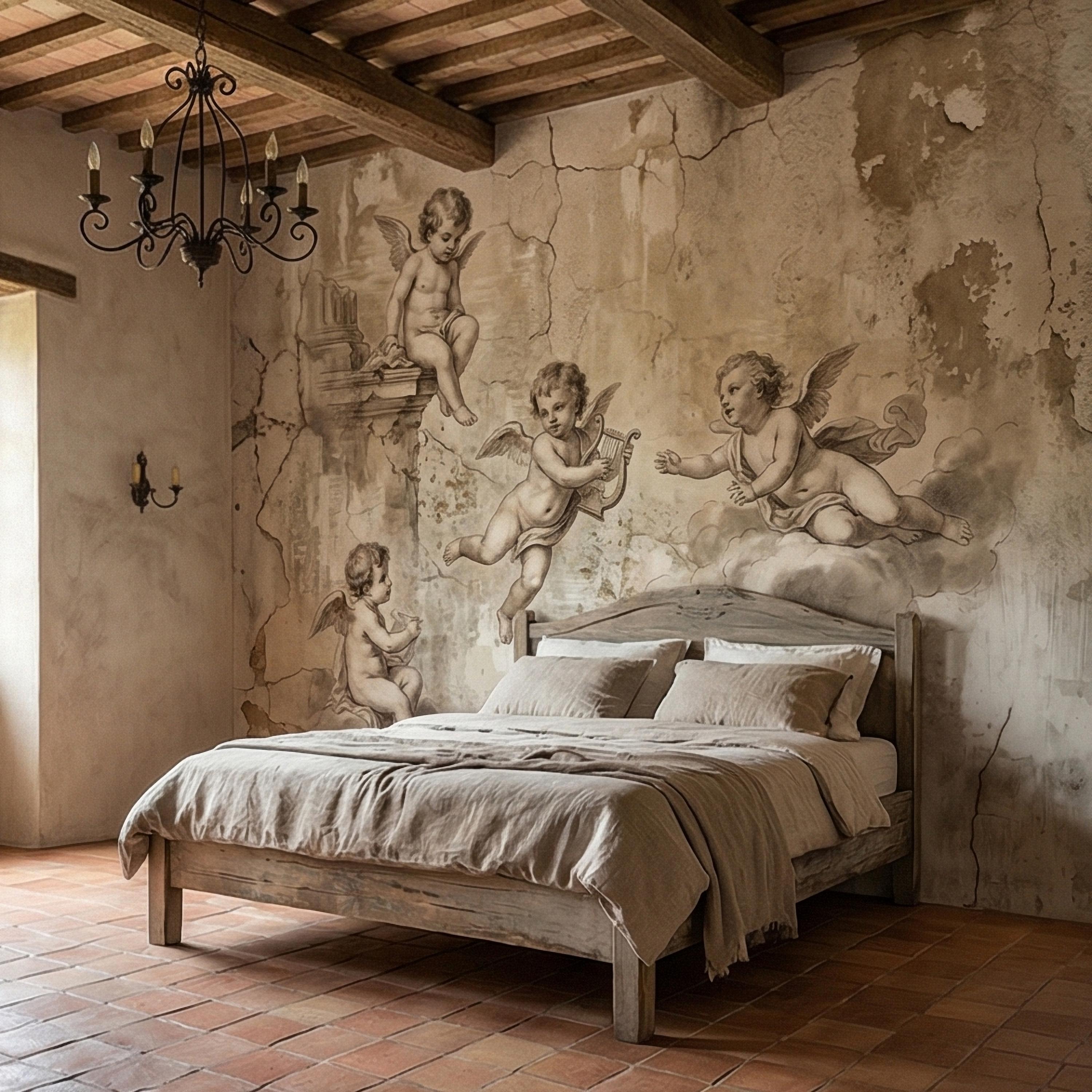 Vintage Cherub Angels on Clouds Peel and Stick Wall Mural, Old World Patina Antique Engraving Renaissance Fresco Plaster Texture wallpaper