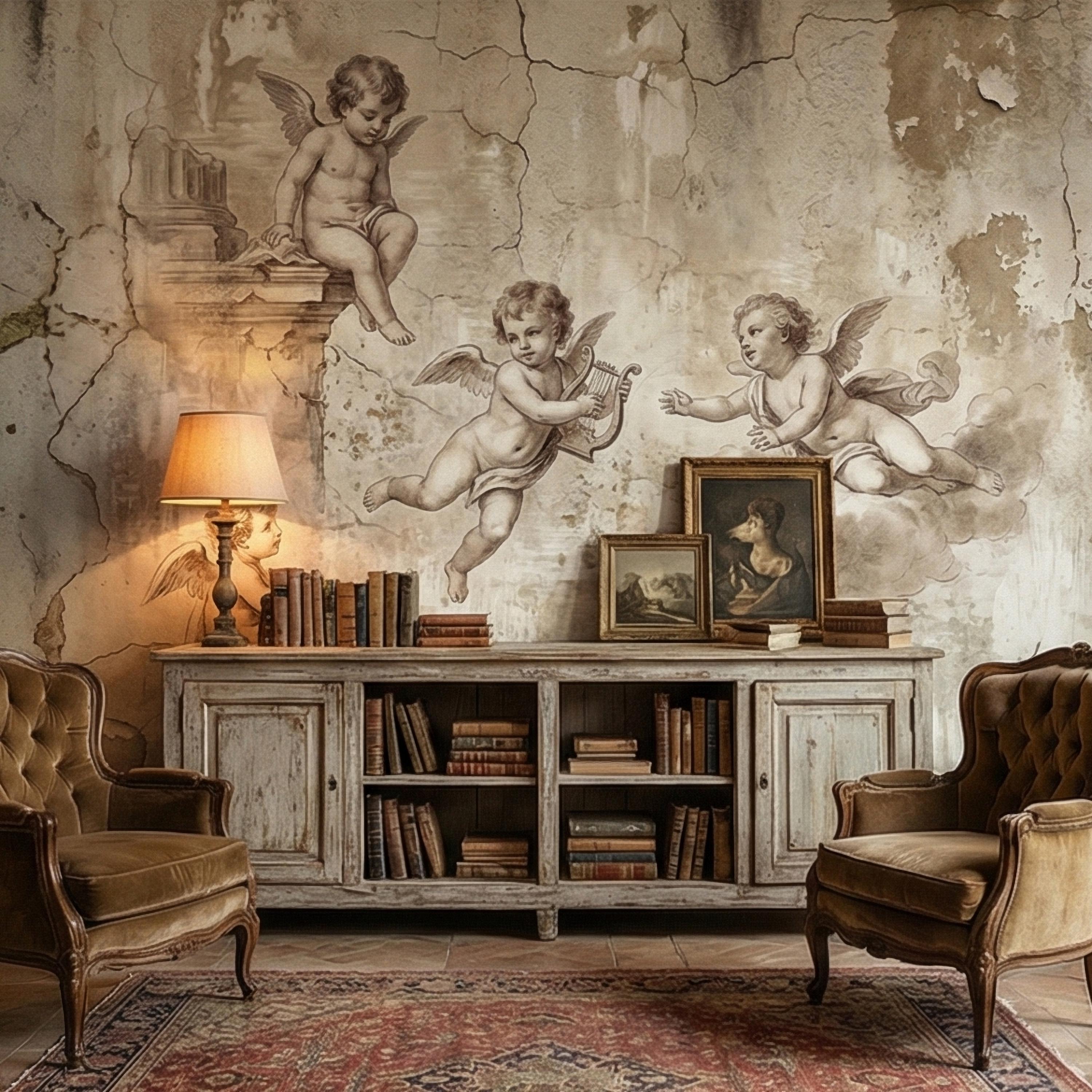 Vintage Cherub Angels on Clouds Peel and Stick Wall Mural, Old World Patina Antique Engraving Renaissance Fresco Plaster Texture wallpaper