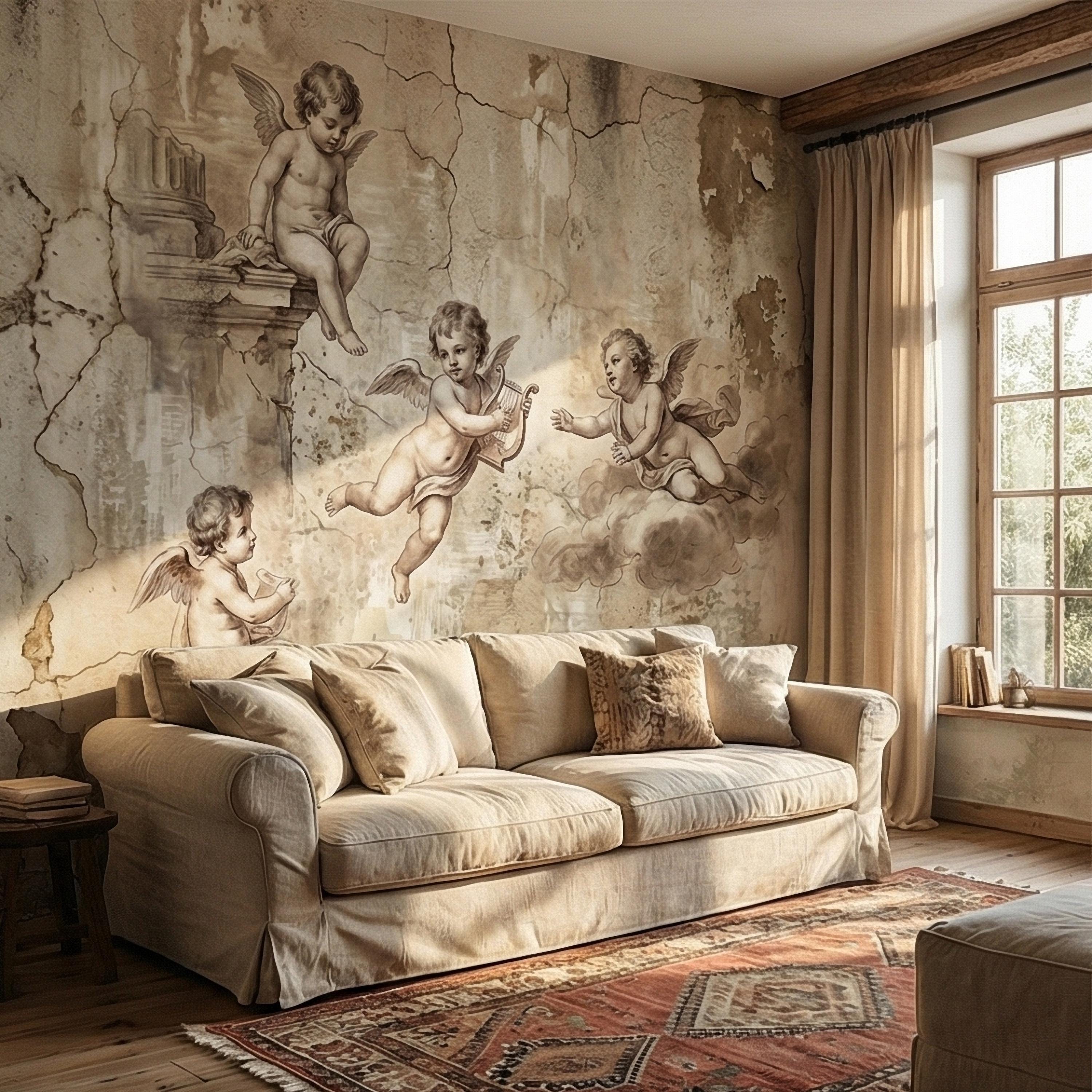 Vintage Cherub Angels on Clouds Peel and Stick Wall Mural, Old World Patina Antique Engraving Renaissance Fresco Plaster Texture wallpaper