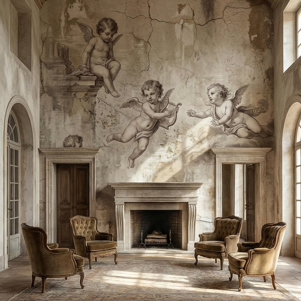 Vintage Cherub Angels on Clouds Peel and Stick Wall Mural, Old World Patina Antique Engraving Renaissance Fresco Plaster Texture wallpaper