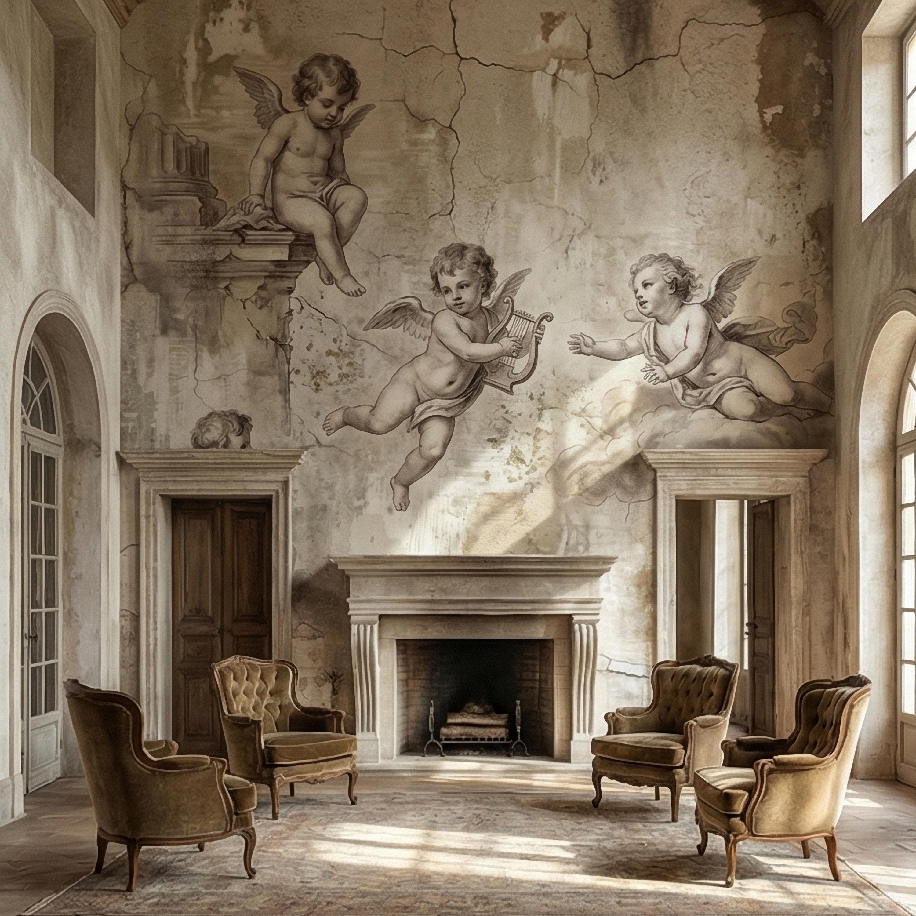 Vintage Cherub Angels on Clouds Peel and Stick Wall Mural, Old World Patina Antique Engraving Renaissance Fresco Plaster Texture wallpaper