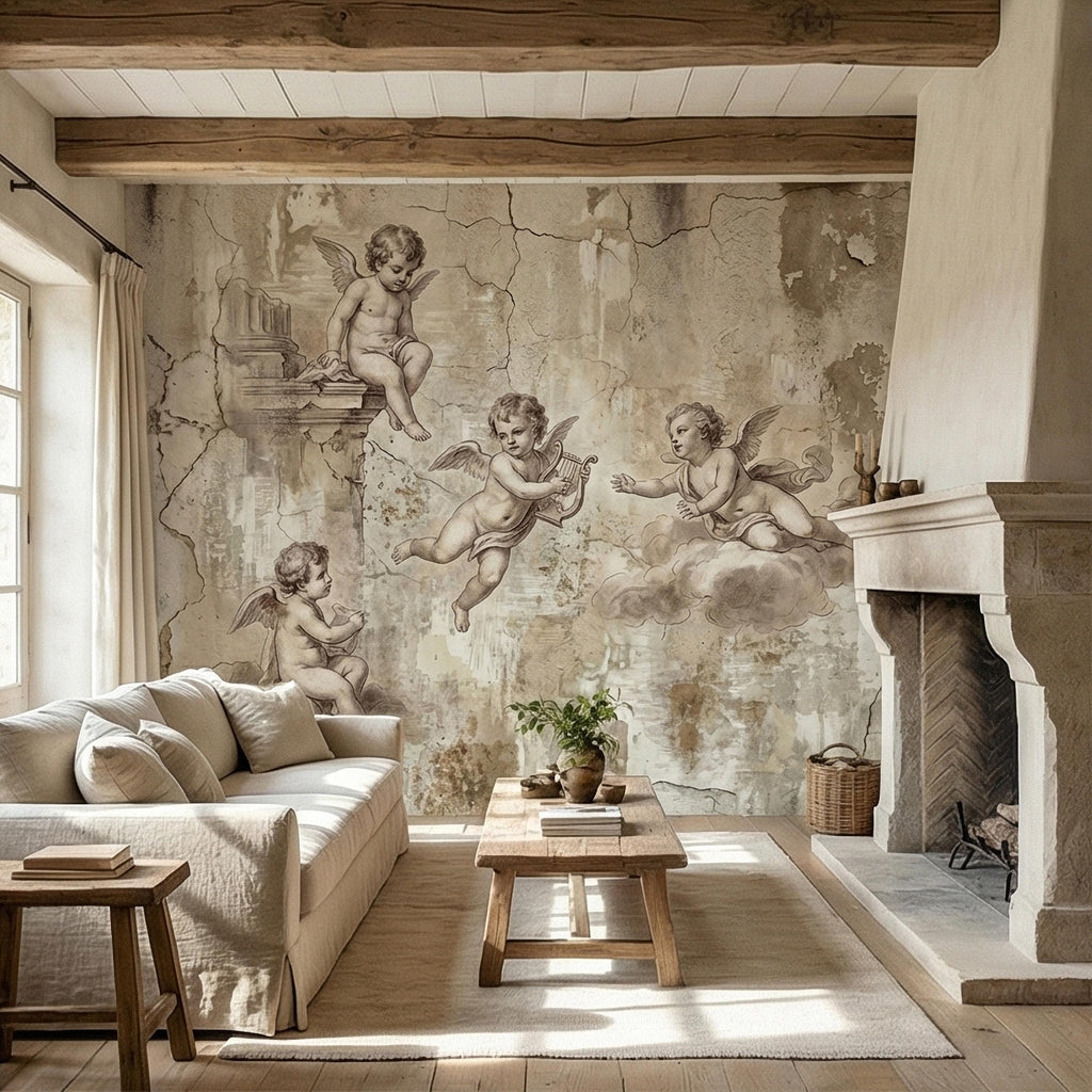 Vintage Cherub Angels on Clouds Peel and Stick Wall Mural, Old World Patina Antique Engraving Renaissance Fresco Plaster Texture wallpaper