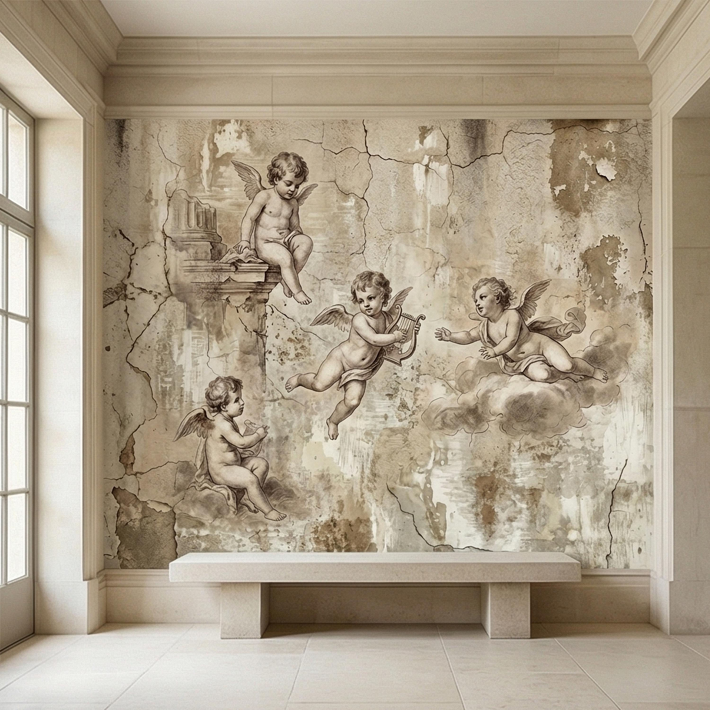 Vintage Cherub Angels on Clouds Peel and Stick Wall Mural, Old World Patina Antique Engraving Renaissance Fresco Plaster Texture wallpaper