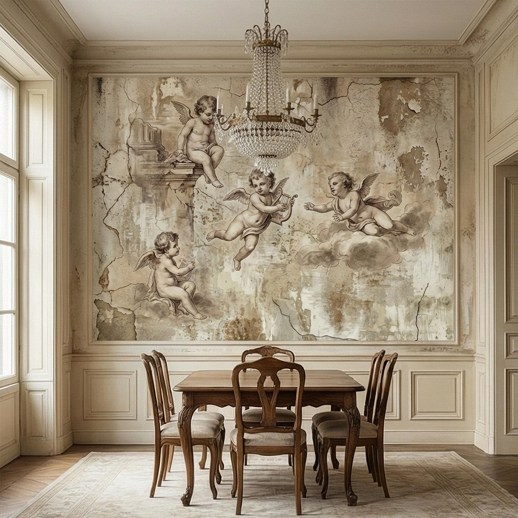 Vintage Cherub Angels on Clouds Peel and Stick Wall Mural, Old World Patina Antique Engraving Renaissance Fresco Plaster Texture wallpaper
