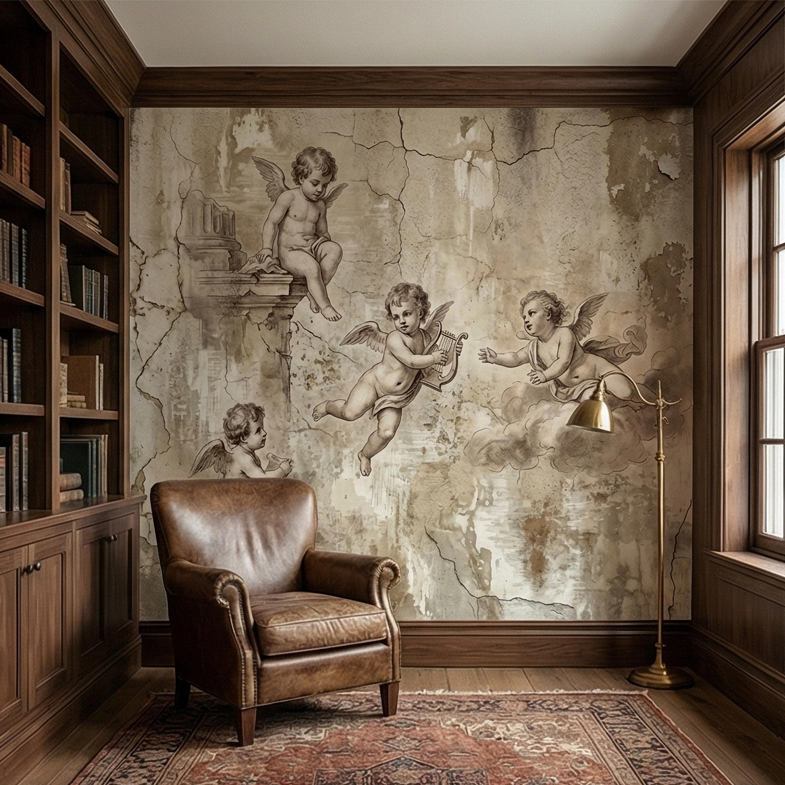 Vintage Cherub Angels on Clouds Peel and Stick Wall Mural, Old World Patina Antique Engraving Renaissance Fresco Plaster Texture wallpaper