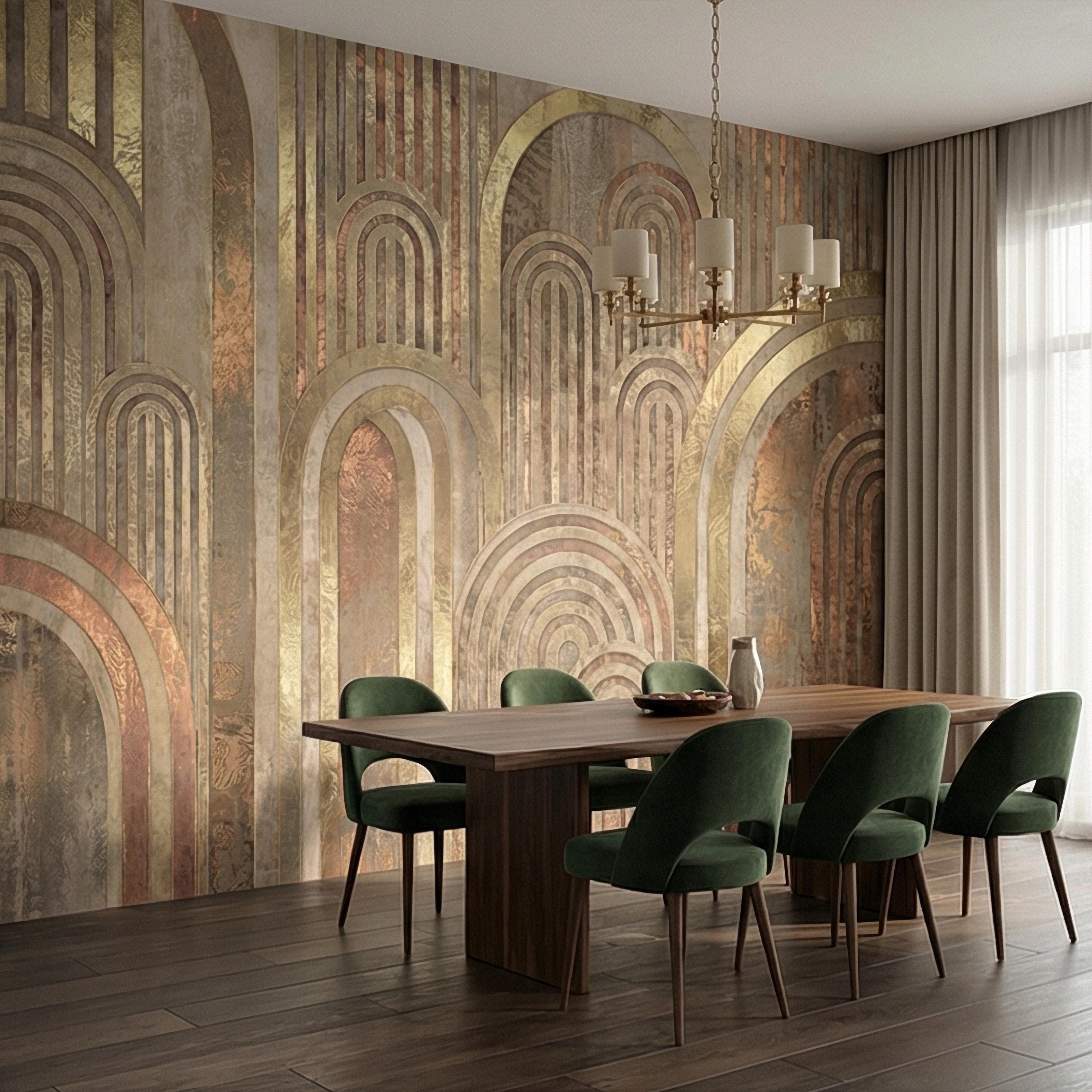 Vintage Gold Arch Columns on Antique Plaster Patina Peel and Stick Wall Mural, Old World Beige Fresco Texture Retro Art Deco Style Wallpaper