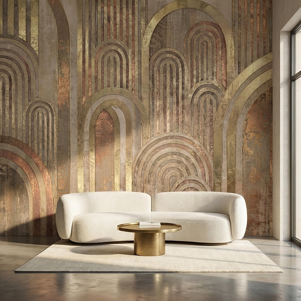 Vintage Gold Arch Columns on Antique Plaster Patina Peel and Stick Wall Mural, Old World Beige Fresco Texture Retro Art Deco Style Wallpaper
