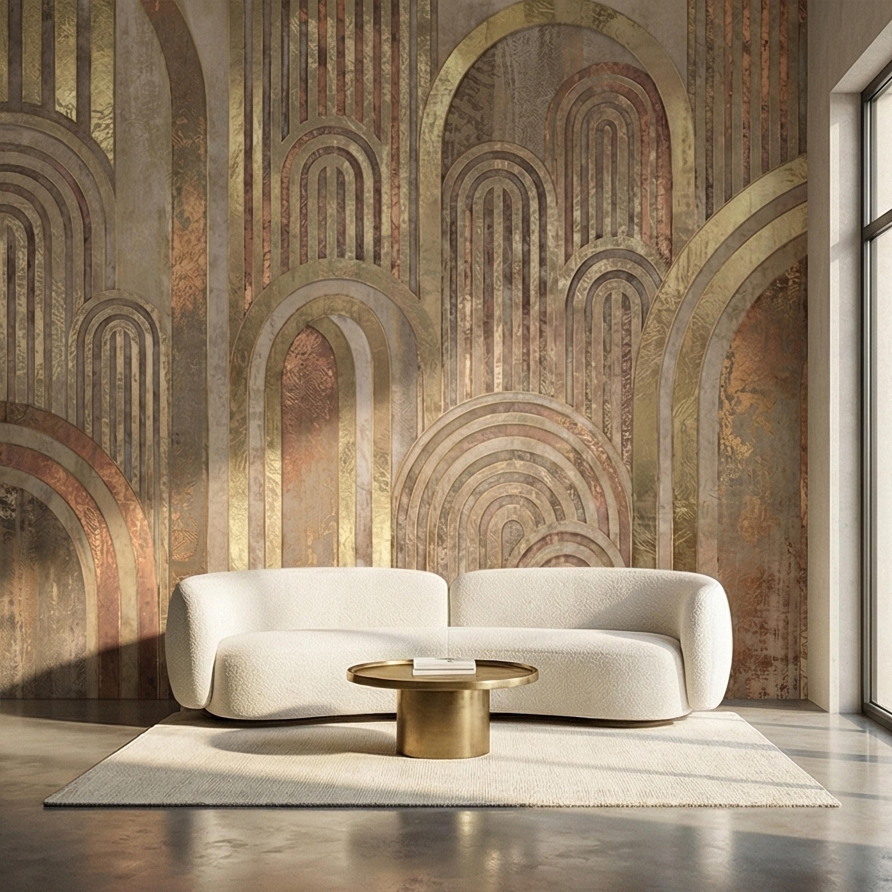 Vintage Gold Arch Columns on Antique Plaster Patina Peel and Stick Wall Mural, Old World Beige Fresco Texture Retro Art Deco Style Wallpaper