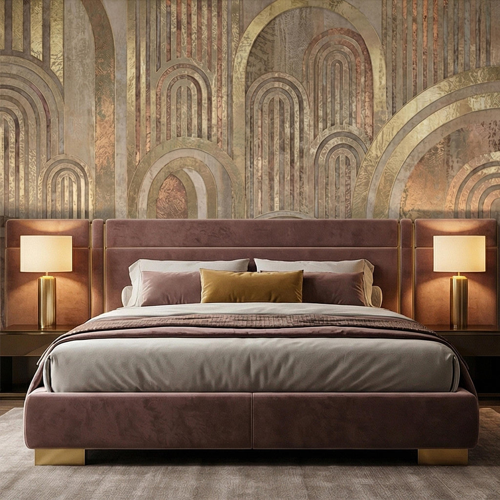 Vintage Gold Arch Columns on Antique Plaster Patina Peel and Stick Wall Mural, Old World Beige Fresco Texture Retro Art Deco Style Wallpaper