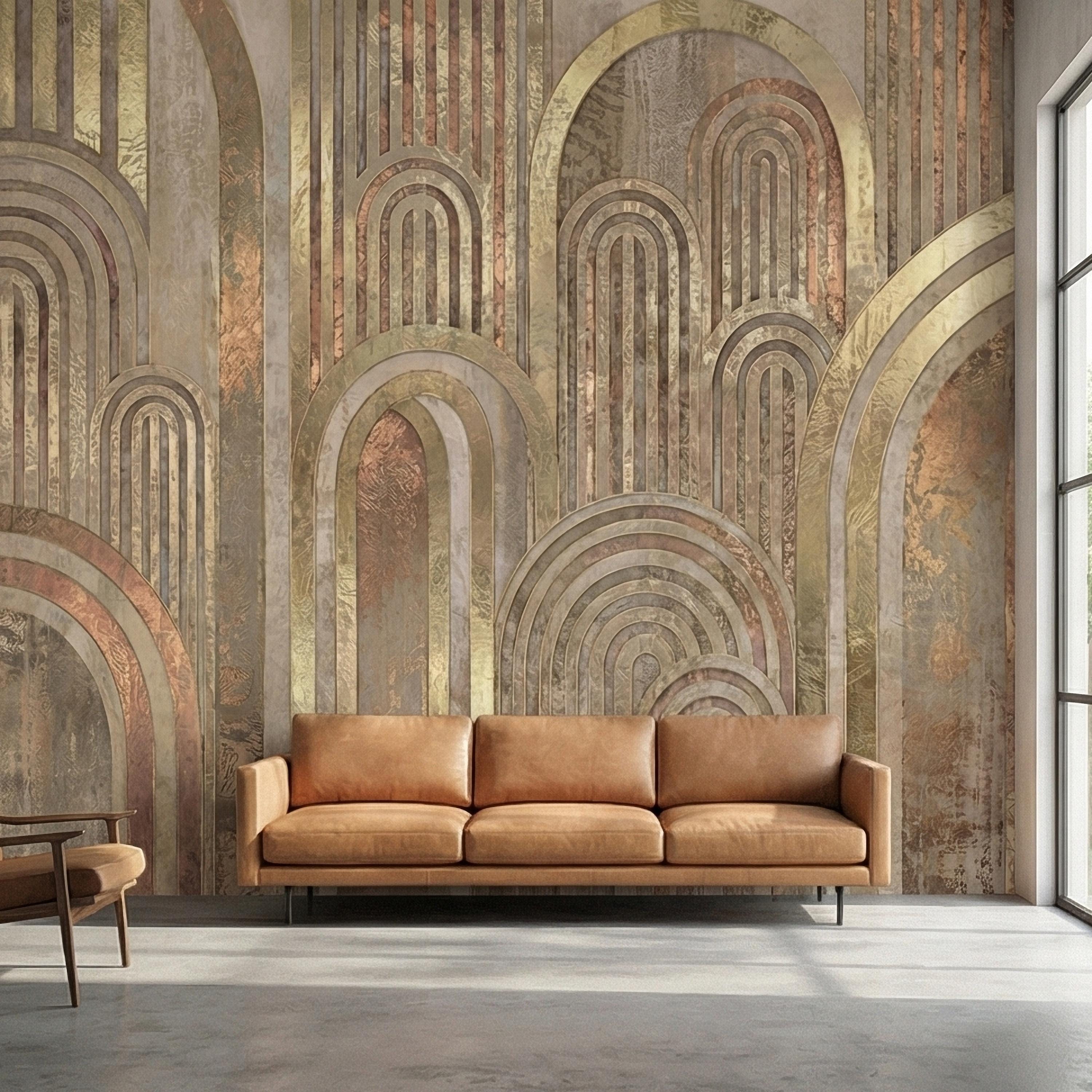 Vintage Gold Arch Columns on Antique Plaster Patina Peel and Stick Wall Mural, Old World Beige Fresco Texture Retro Art Deco Style Wallpaper