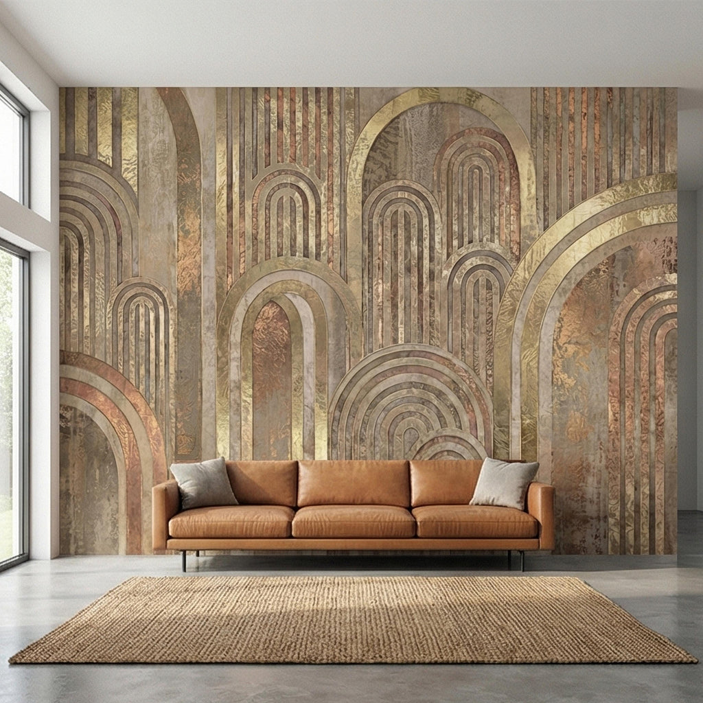 Vintage Gold Arch Columns on Antique Plaster Patina Peel and Stick Wall Mural, Old World Beige Fresco Texture Retro Art Deco Style Wallpaper
