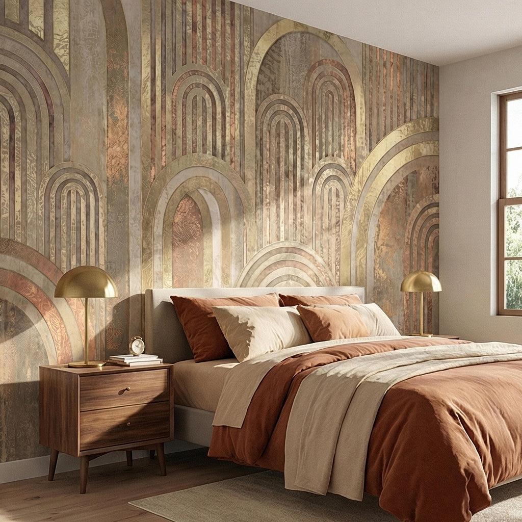 Vintage Gold Arch Columns on Antique Plaster Patina Peel and Stick Wall Mural, Old World Beige Fresco Texture Retro Art Deco Style Wallpaper