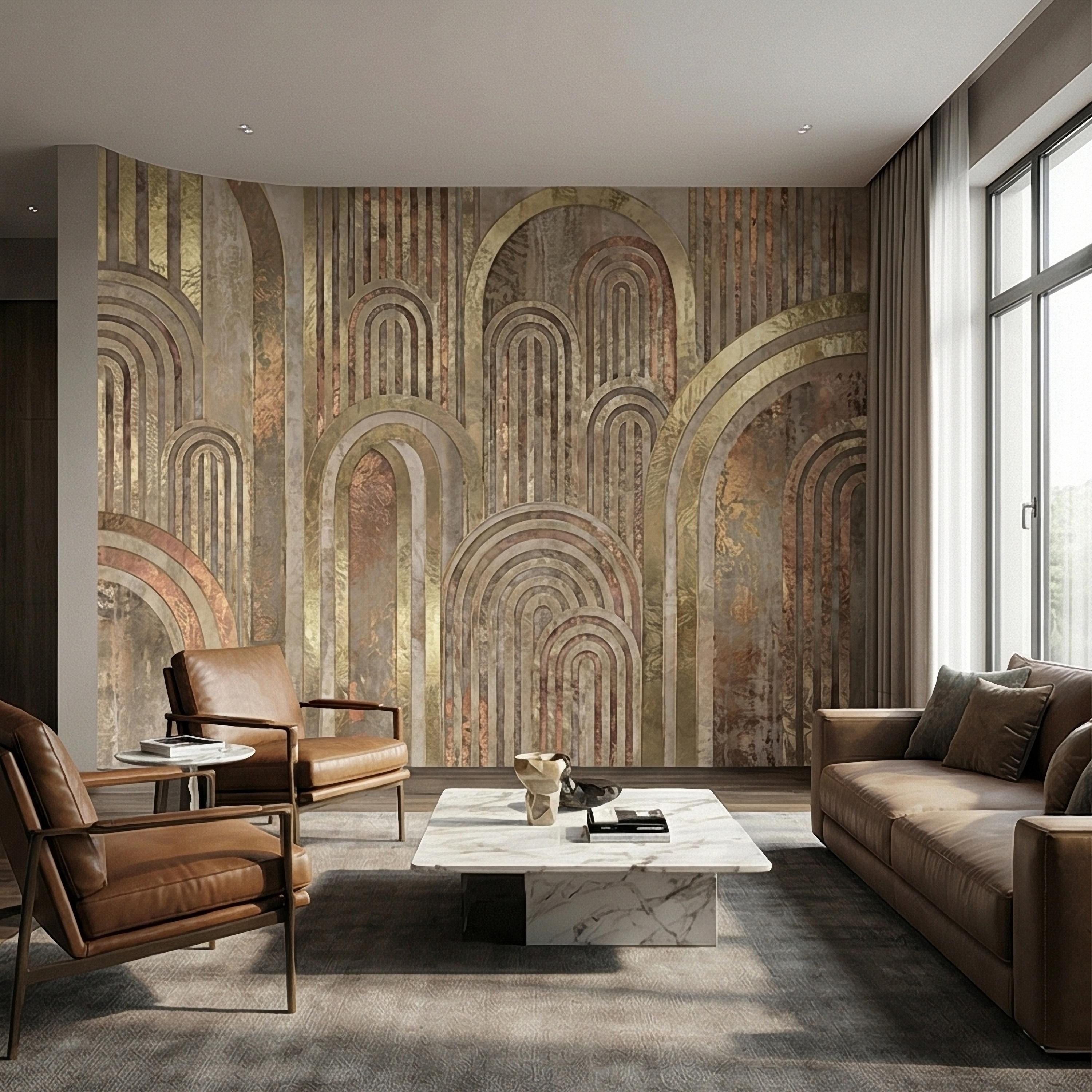 Vintage Gold Arch Columns on Antique Plaster Patina Peel and Stick Wall Mural, Old World Beige Fresco Texture Retro Art Deco Style Wallpaper