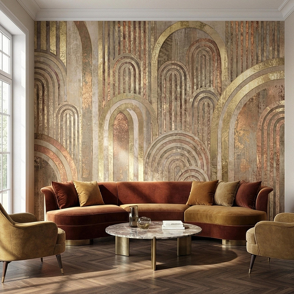 Vintage Gold Arch Columns on Antique Plaster Patina Peel and Stick Wall Mural, Old World Beige Fresco Texture Retro Art Deco Style Wallpaper