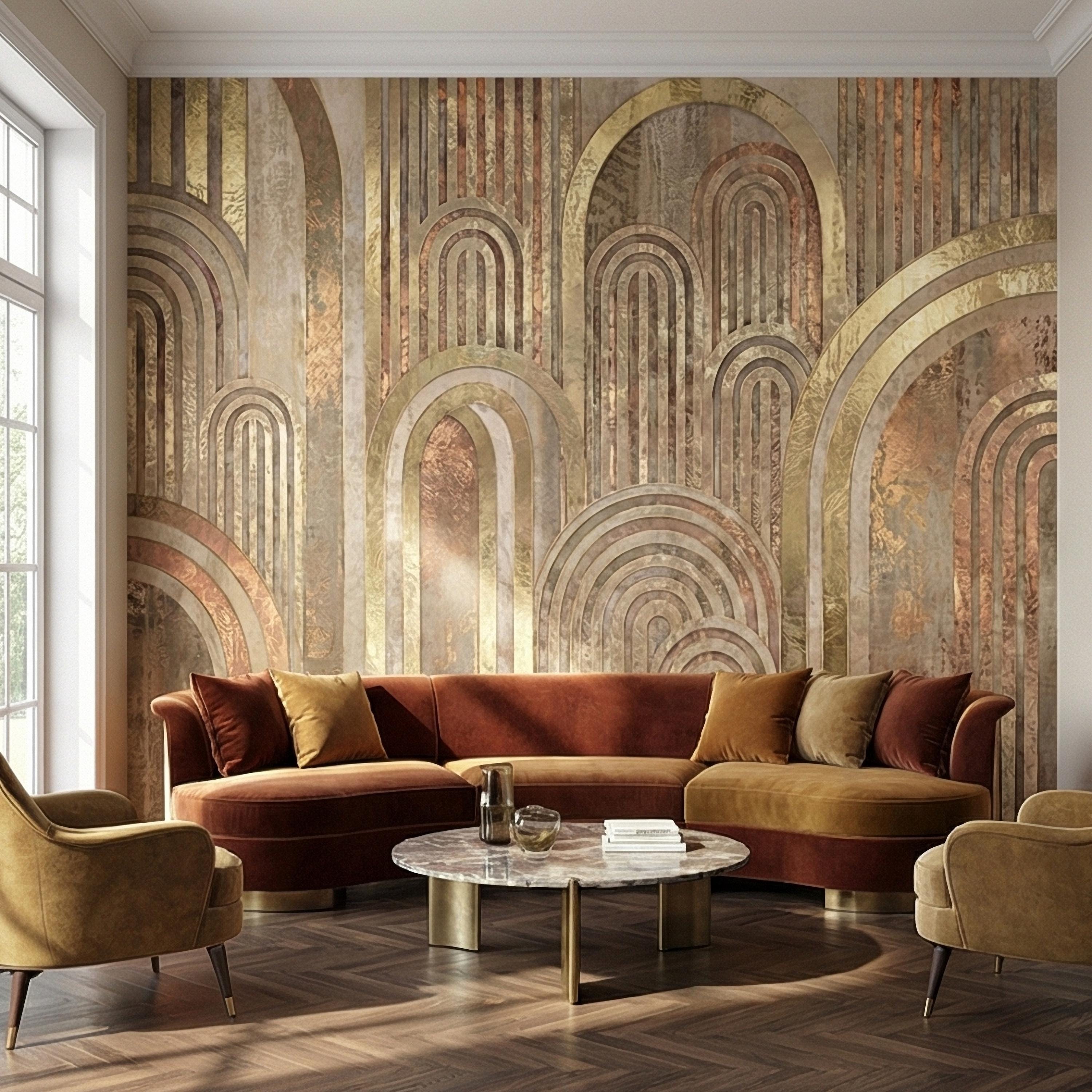 Vintage Gold Arch Columns on Antique Plaster Patina Peel and Stick Wall Mural, Old World Beige Fresco Texture Retro Art Deco Style Wallpaper