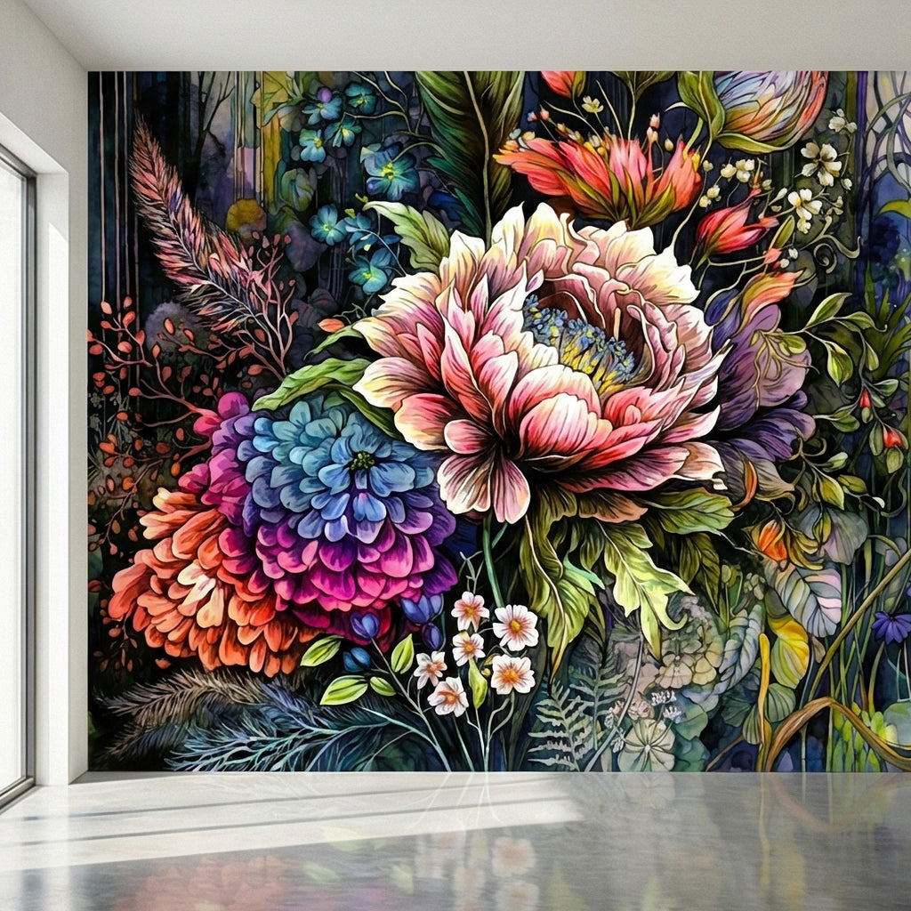Bold Floral Peel and Stick Wall Mural, Maximalist Botanical Bloom, Colorful Artistic Flower Wallpaper