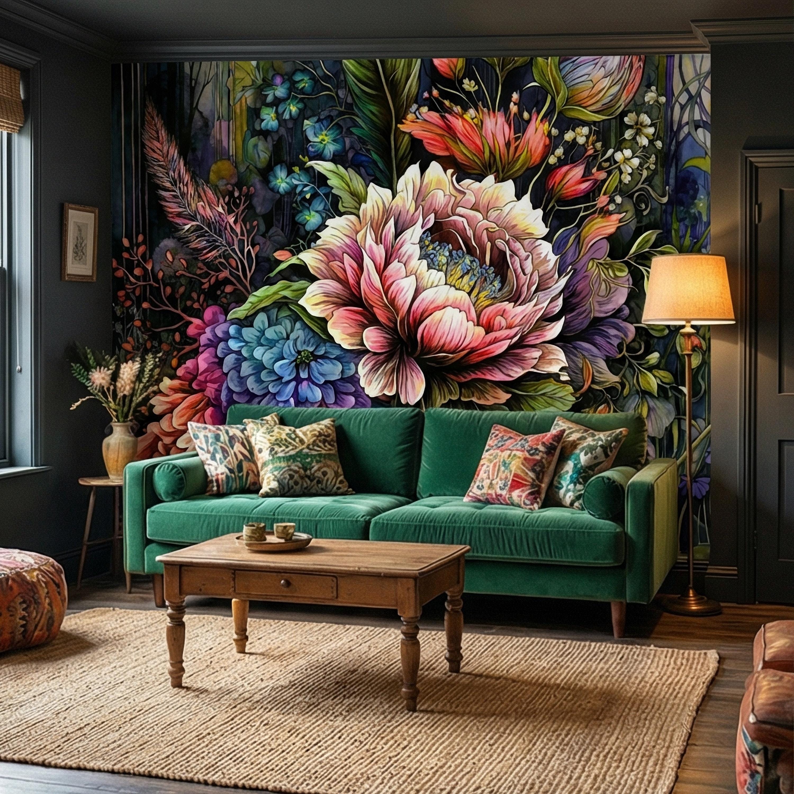 Bold Floral Peel and Stick Wall Mural, Maximalist Botanical Bloom, Colorful Artistic Flower Wallpaper
