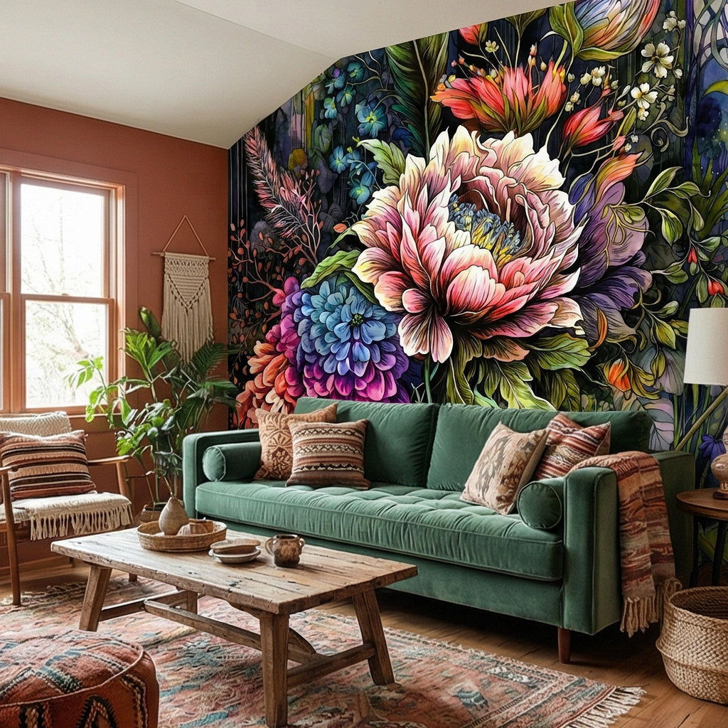 Bold Floral Peel and Stick Wall Mural, Maximalist Botanical Bloom, Colorful Artistic Flower Wallpaper