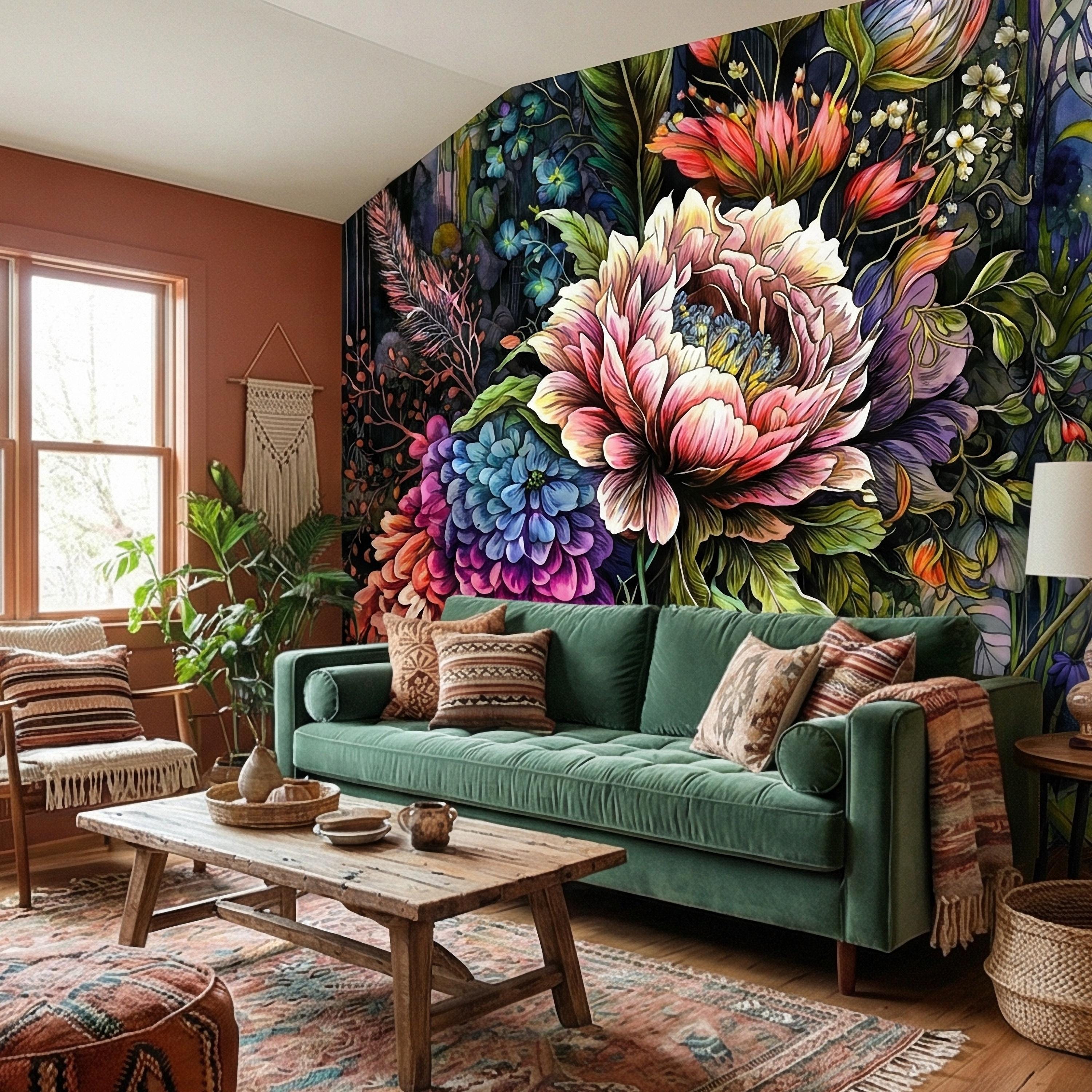 Bold Floral Peel and Stick Wall Mural, Maximalist Botanical Bloom, Colorful Artistic Flower Wallpaper
