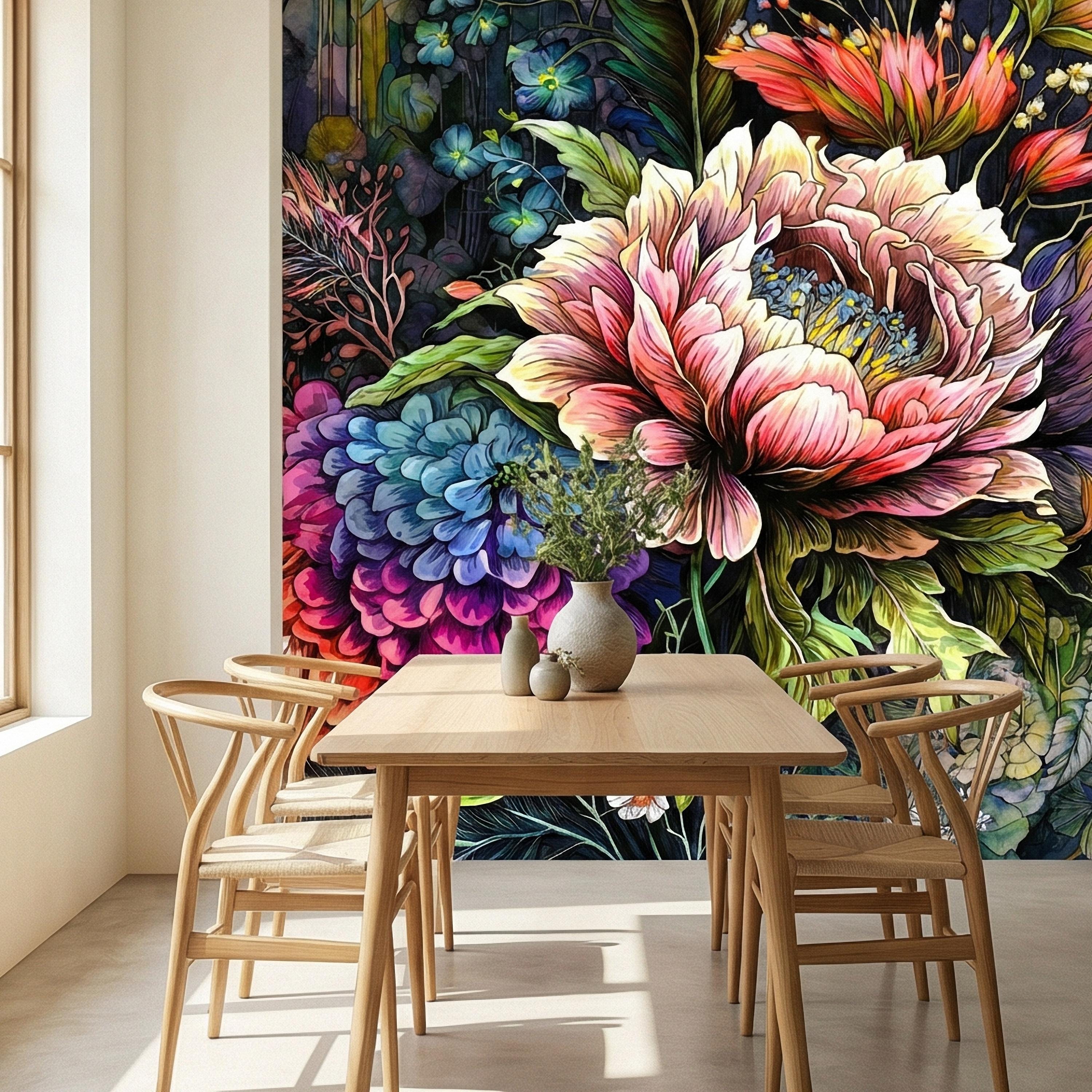 Bold Floral Peel and Stick Wall Mural, Maximalist Botanical Bloom, Colorful Artistic Flower Wallpaper