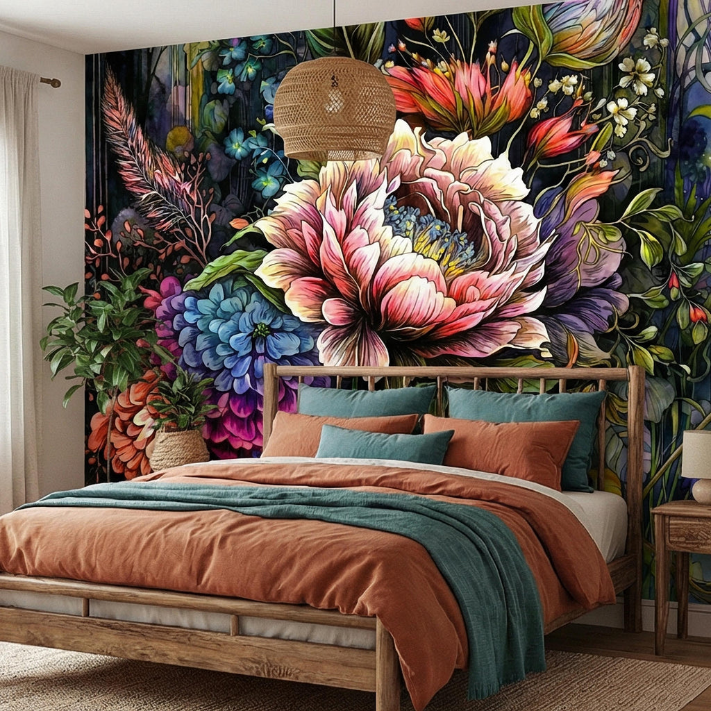 Bold Floral Peel and Stick Wall Mural, Maximalist Botanical Bloom, Colorful Artistic Flower Wallpaper