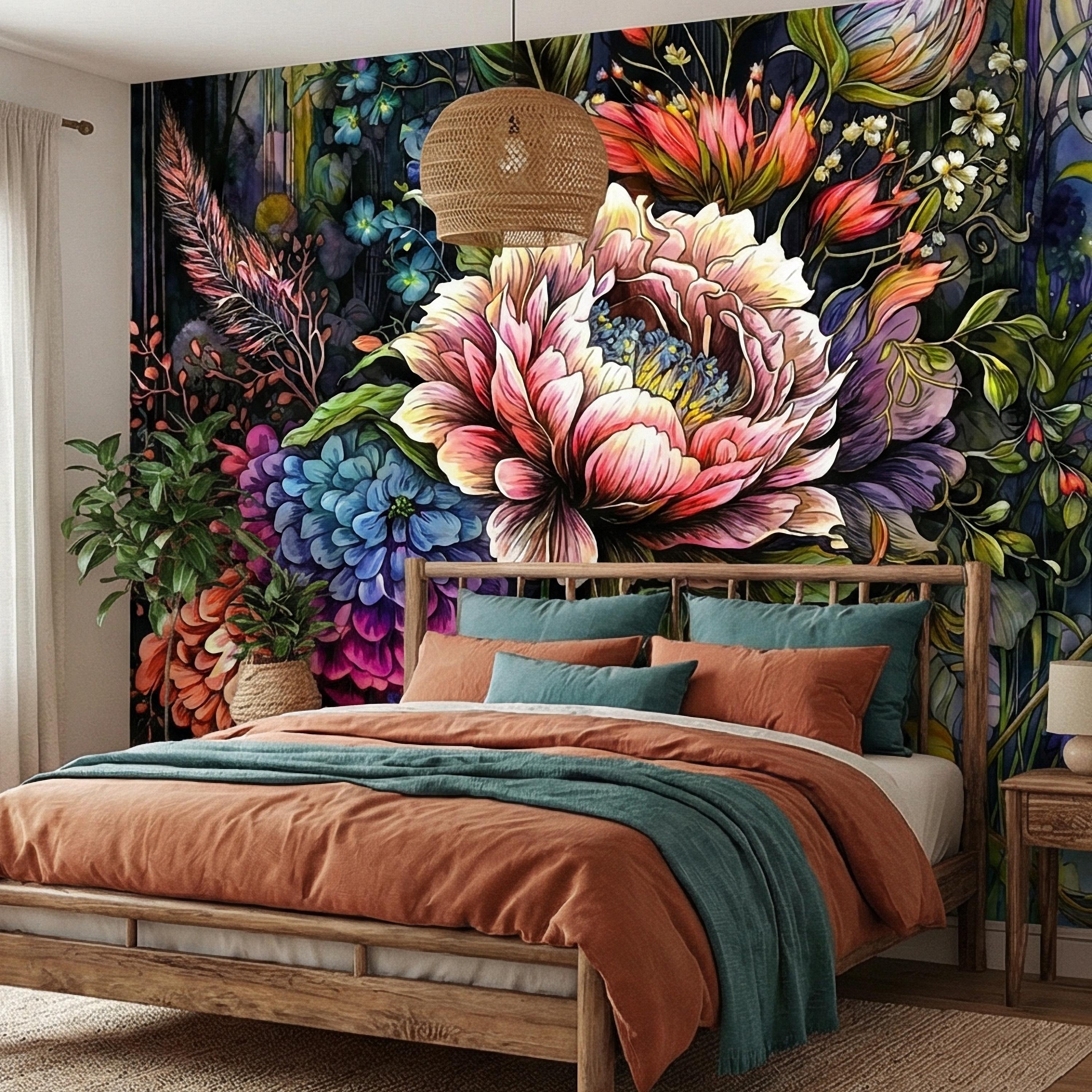 Bold Floral Peel and Stick Wall Mural, Maximalist Botanical Bloom, Colorful Artistic Flower Wallpaper