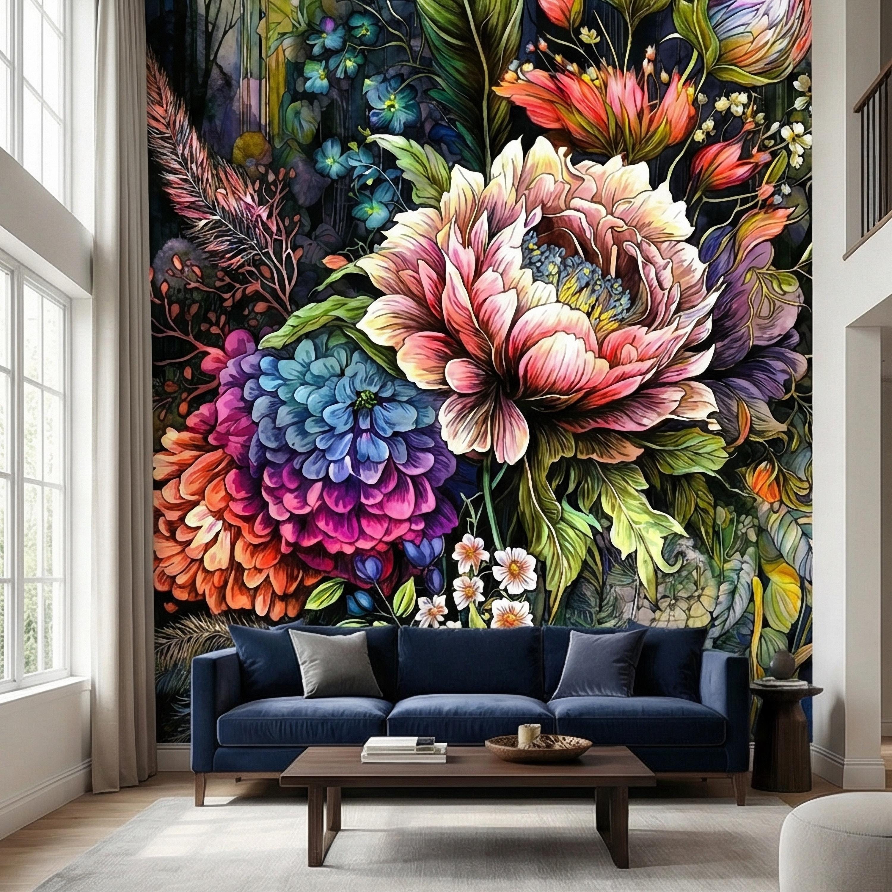 Bold Floral Peel and Stick Wall Mural, Maximalist Botanical Bloom, Colorful Artistic Flower Wallpaper