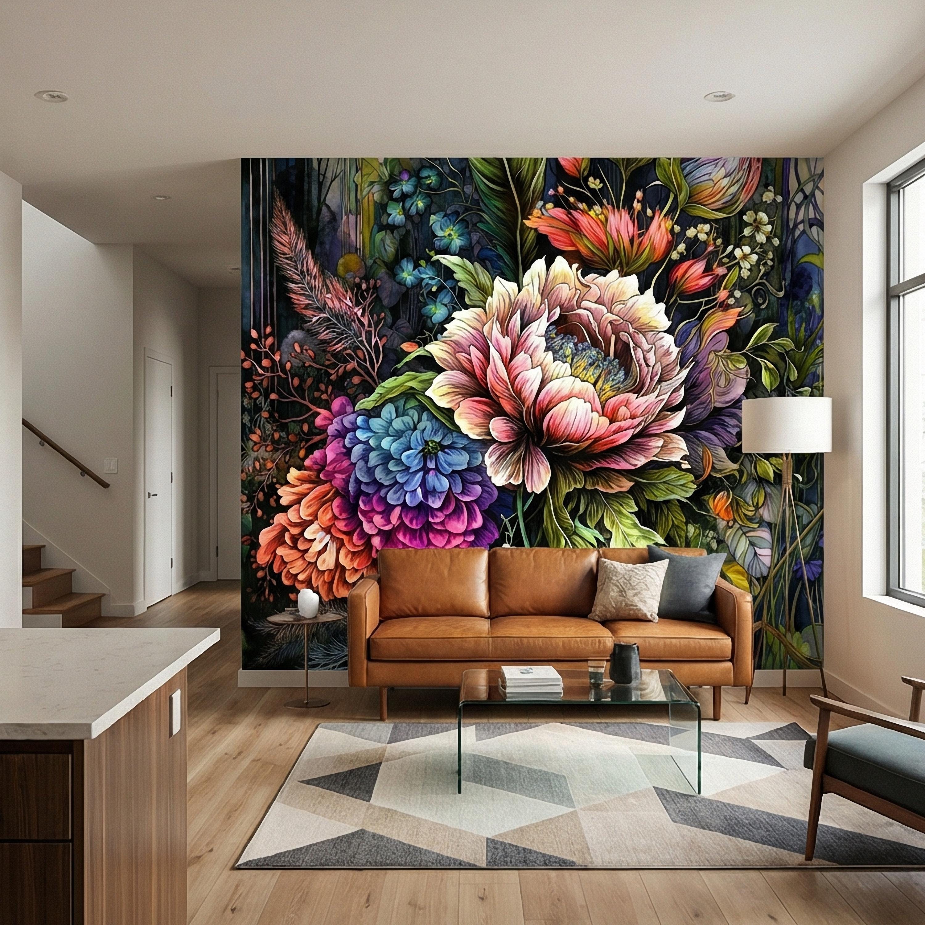 Bold Floral Peel and Stick Wall Mural, Maximalist Botanical Bloom, Colorful Artistic Flower Wallpaper