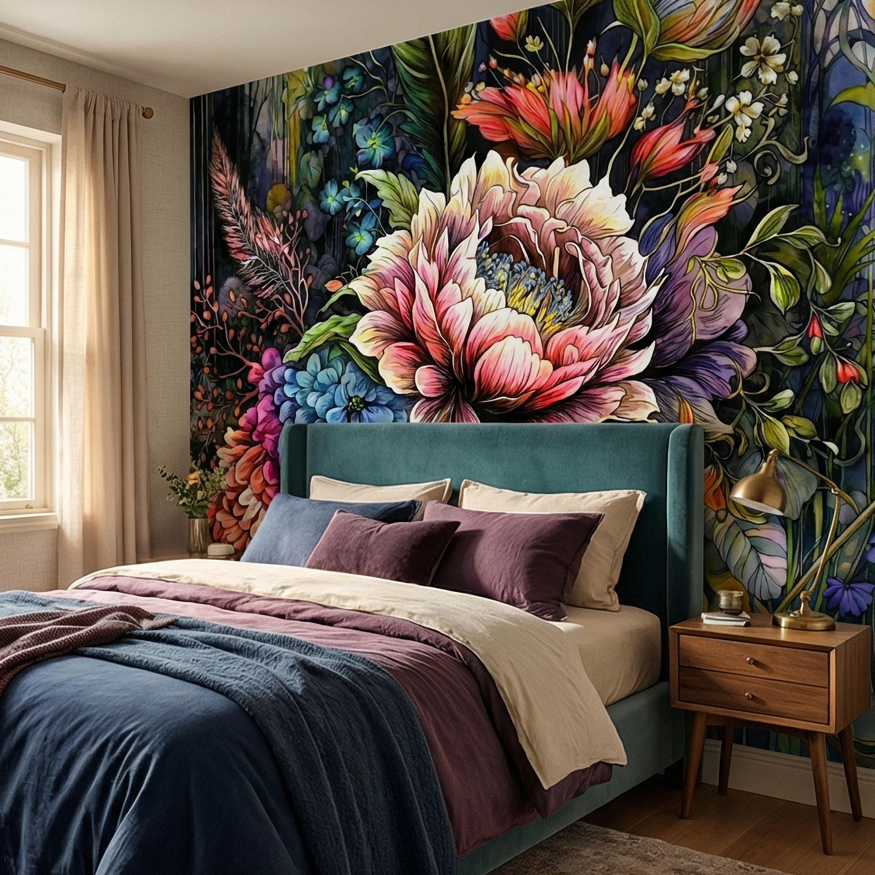 Bold Floral Peel and Stick Wall Mural, Maximalist Botanical Bloom, Colorful Artistic Flower Wallpaper