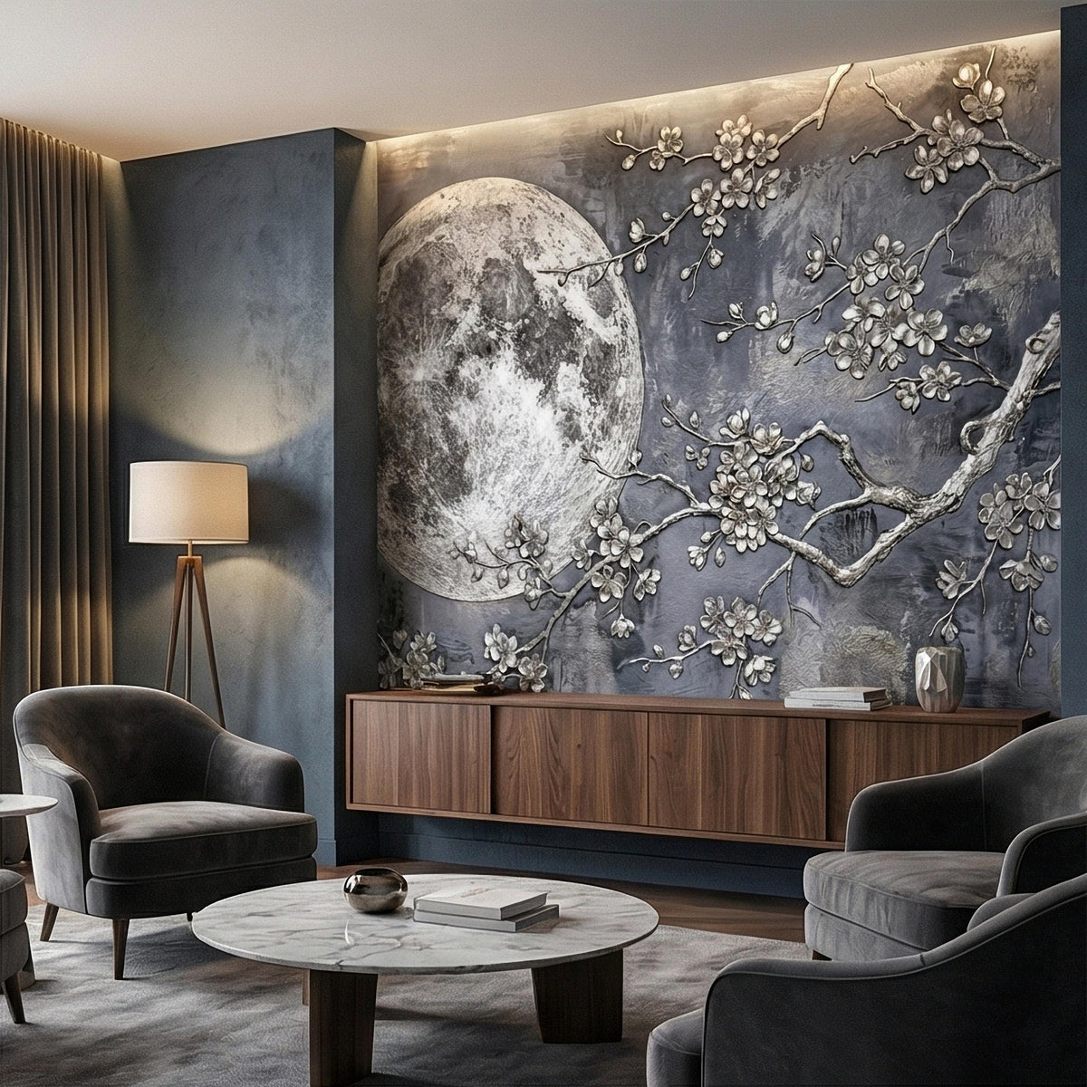 Silver Moon Cherry Blossom Branches on Stormy Gray Patina, Peel and Stick Wall Mural, Vintage Oriental Floral Crescent Distressed Wallpaper - The Fine Art Murals