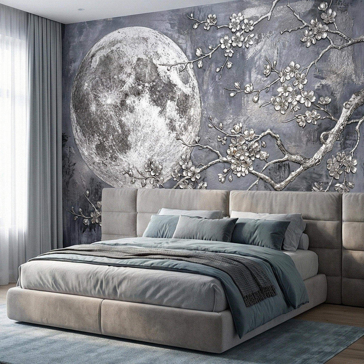 Silver Moon Cherry Blossom Branches on Stormy Gray Patina, Peel and Stick Wall Mural, Vintage Oriental Floral Crescent Distressed Wallpaper - The Fine Art Murals