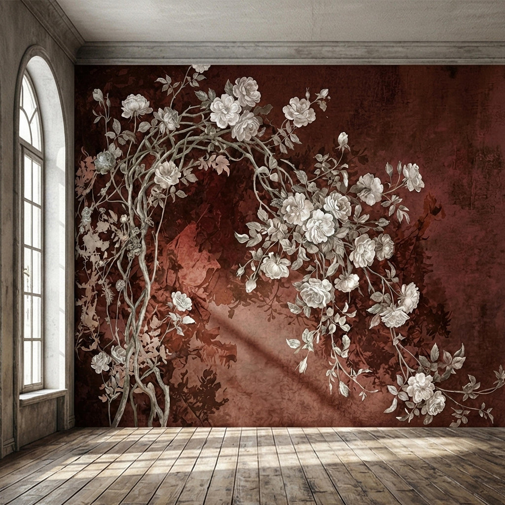 Vintage Burgundy Botanical Flower Branches Peel and Stick Wall Mural, White Rose Blossom Tree on Distressed Patina Romantic Floral Wallpaper