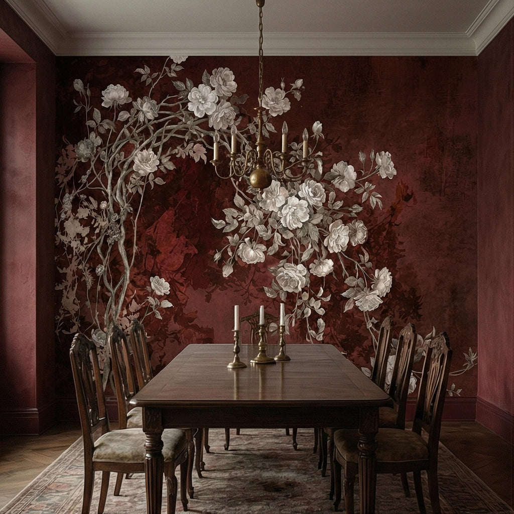 Vintage Burgundy Botanical Flower Branches Peel and Stick Wall Mural, White Rose Blossom Tree on Distressed Patina Romantic Floral Wallpaper