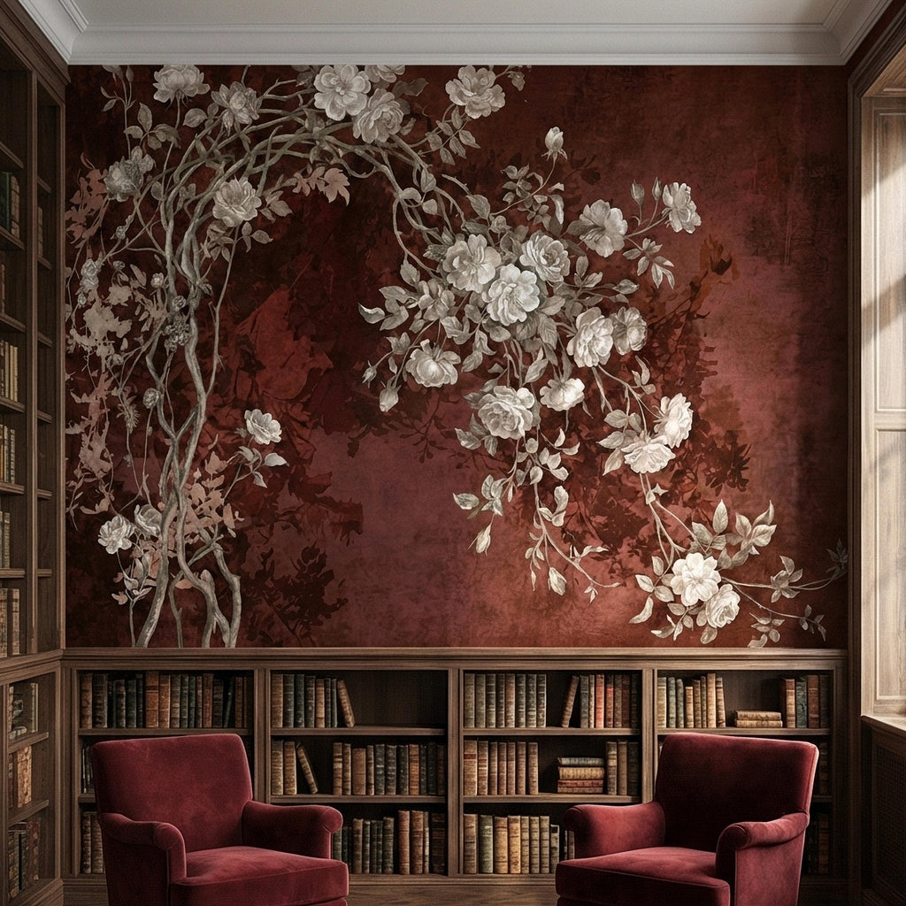Vintage Burgundy Botanical Flower Branches Peel and Stick Wall Mural, White Rose Blossom Tree on Distressed Patina Romantic Floral Wallpaper