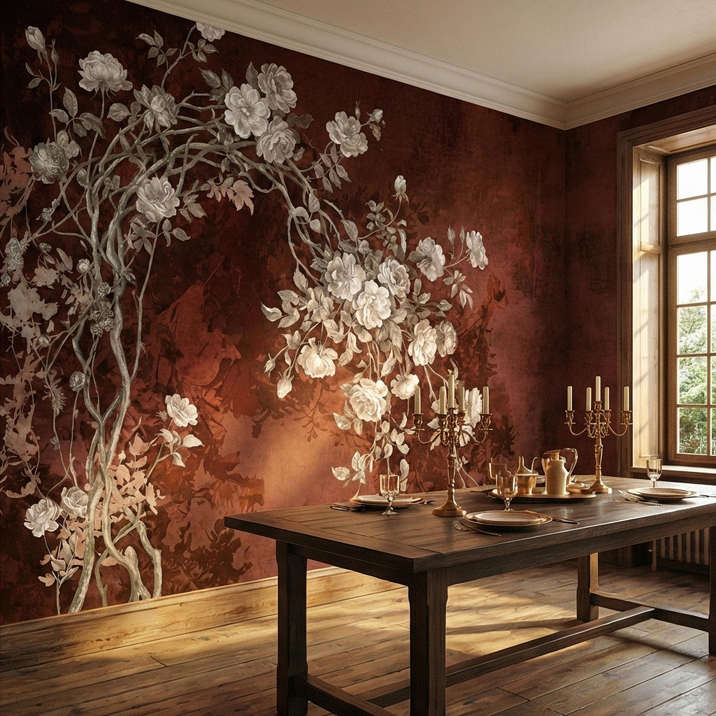 Vintage Burgundy Botanical Flower Branches Peel and Stick Wall Mural, White Rose Blossom Tree on Distressed Patina Romantic Floral Wallpaper