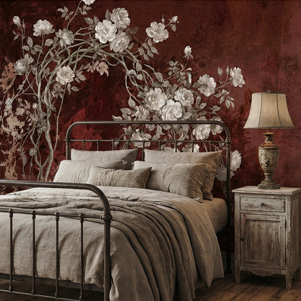 Vintage Burgundy Botanical Flower Branches Peel and Stick Wall Mural, White Rose Blossom Tree on Distressed Patina Romantic Floral Wallpaper