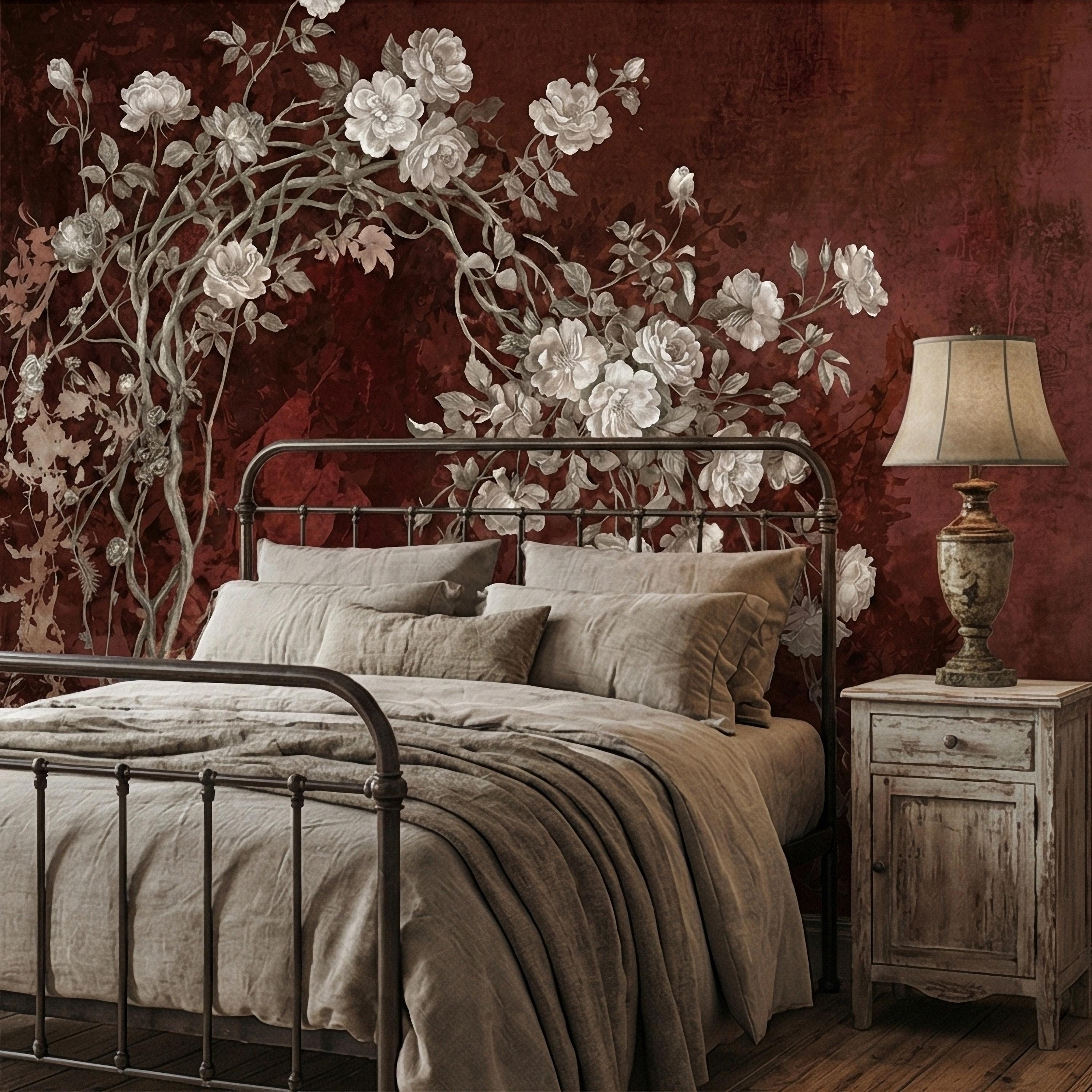 Vintage Burgundy Botanical Flower Branches Peel and Stick Wall Mural, White Rose Blossom Tree on Distressed Patina Romantic Floral Wallpaper