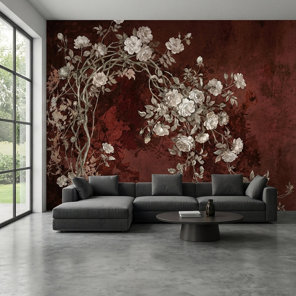 Vintage Burgundy Botanical Flower Branches Peel and Stick Wall Mural, White Rose Blossom Tree on Distressed Patina Romantic Floral Wallpaper
