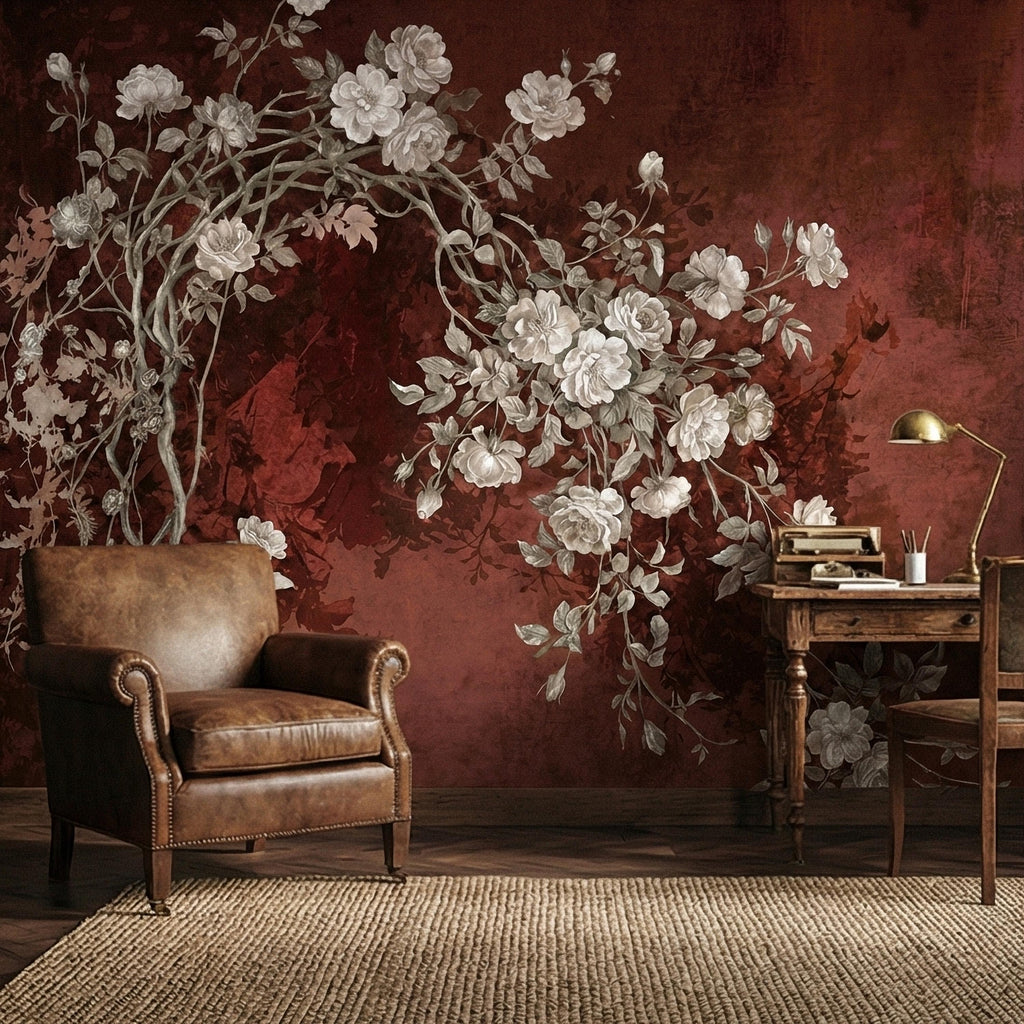 Vintage Burgundy Botanical Flower Branches Peel and Stick Wall Mural, White Rose Blossom Tree on Distressed Patina Romantic Floral Wallpaper
