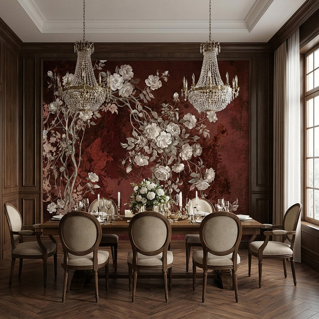 Vintage Burgundy Botanical Flower Branches Peel and Stick Wall Mural, White Rose Blossom Tree on Distressed Patina Romantic Floral Wallpaper