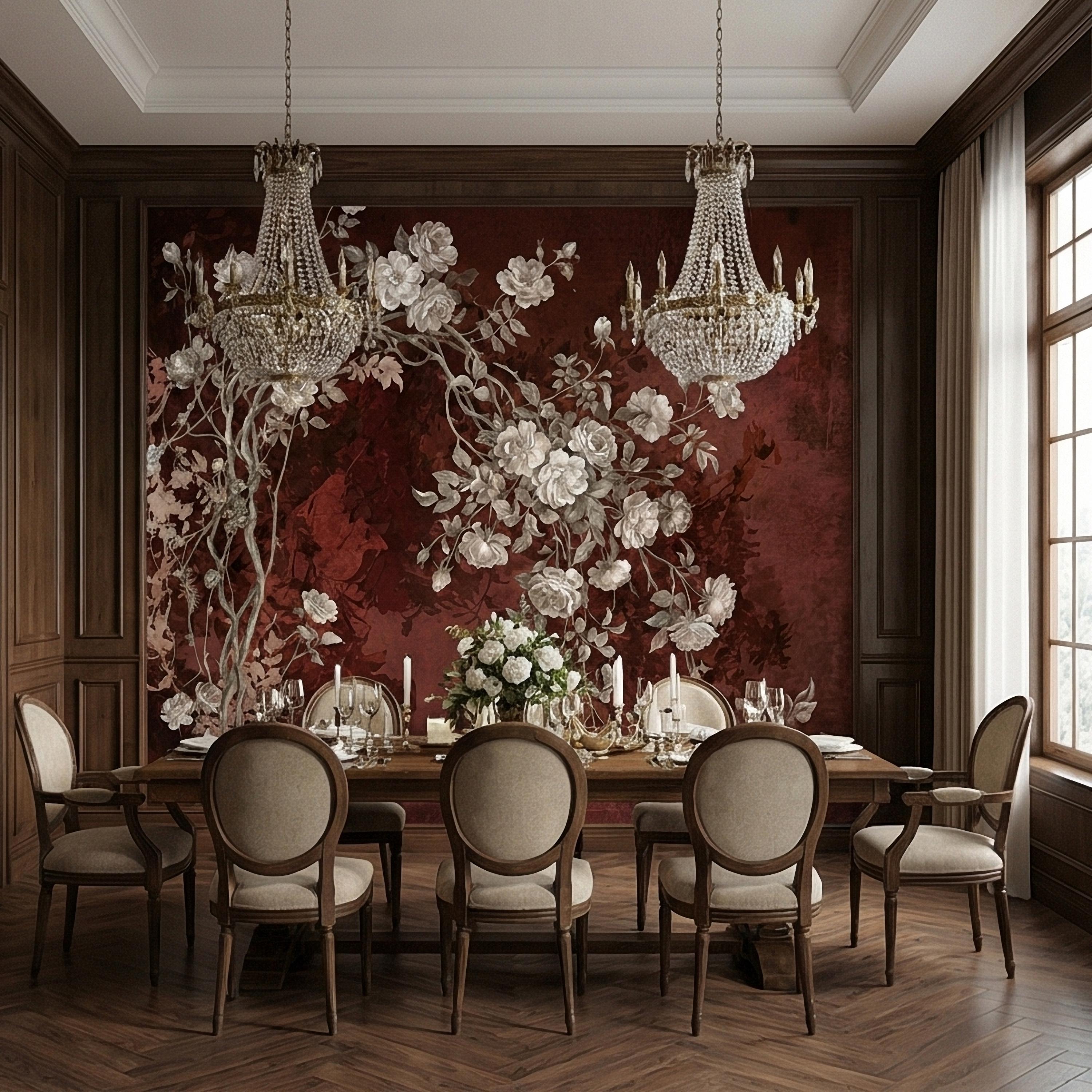 Vintage Burgundy Botanical Flower Branches Peel and Stick Wall Mural, White Rose Blossom Tree on Distressed Patina Romantic Floral Wallpaper