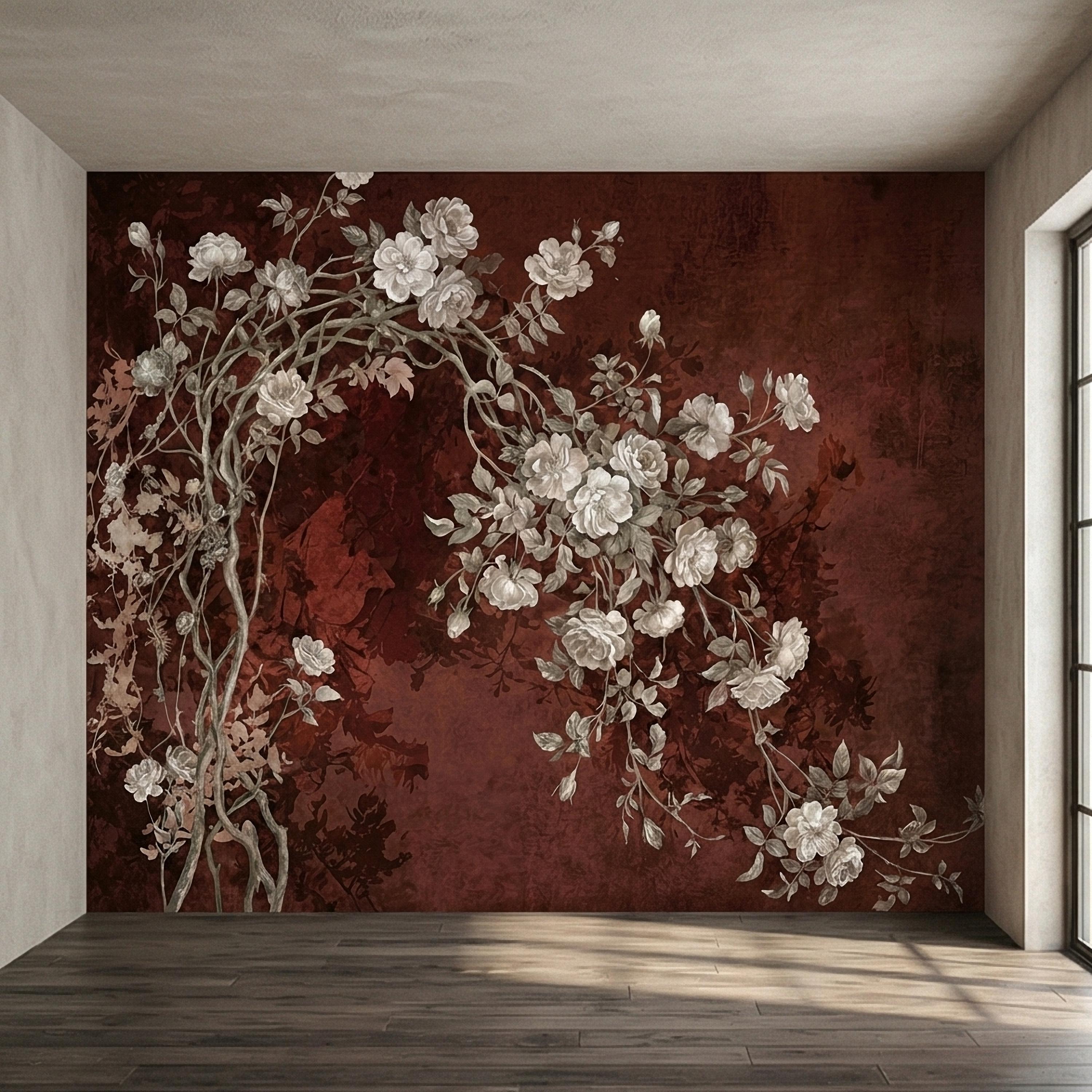 Vintage Burgundy Botanical Flower Branches Peel and Stick Wall Mural, White Rose Blossom Tree on Distressed Patina Romantic Floral Wallpaper