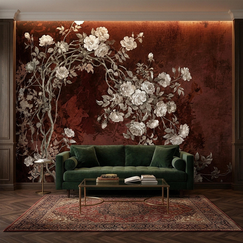 Vintage Burgundy Botanical Flower Branches Peel and Stick Wall Mural, White Rose Blossom Tree on Distressed Patina Romantic Floral Wallpaper