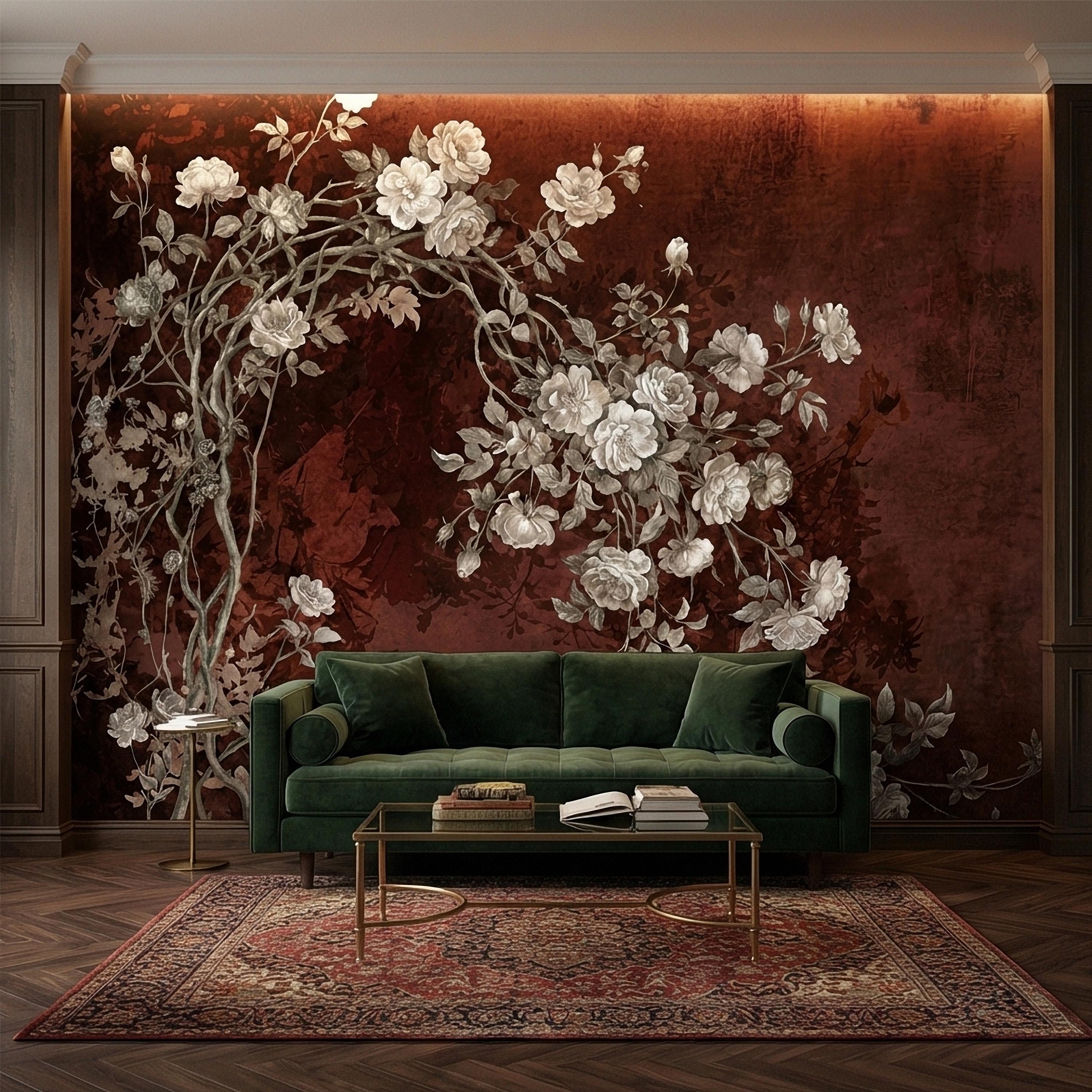 Vintage Burgundy Botanical Flower Branches Peel and Stick Wall Mural, White Rose Blossom Tree on Distressed Patina Romantic Floral Wallpaper