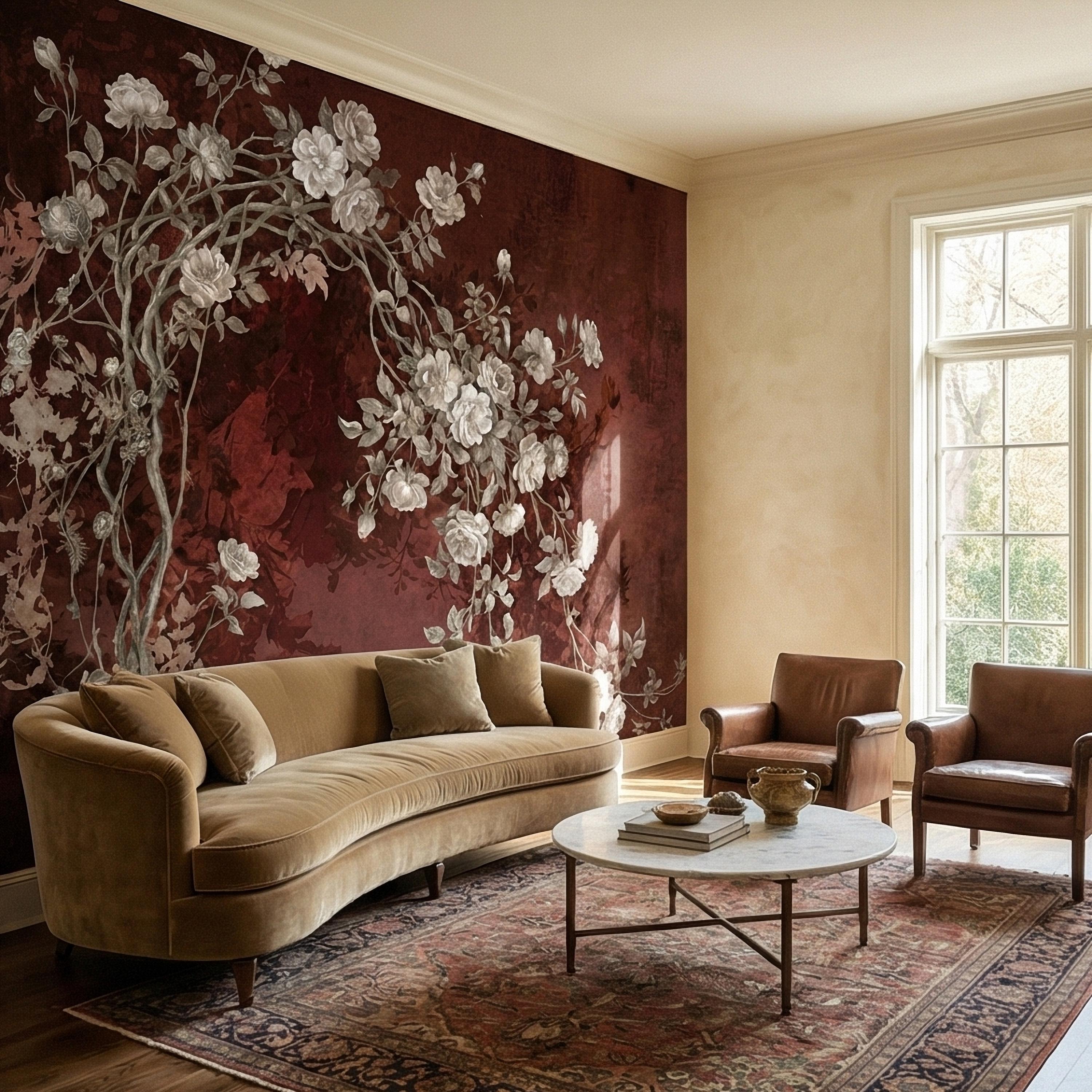 Vintage Burgundy Botanical Flower Branches Peel and Stick Wall Mural, White Rose Blossom Tree on Distressed Patina Romantic Floral Wallpaper