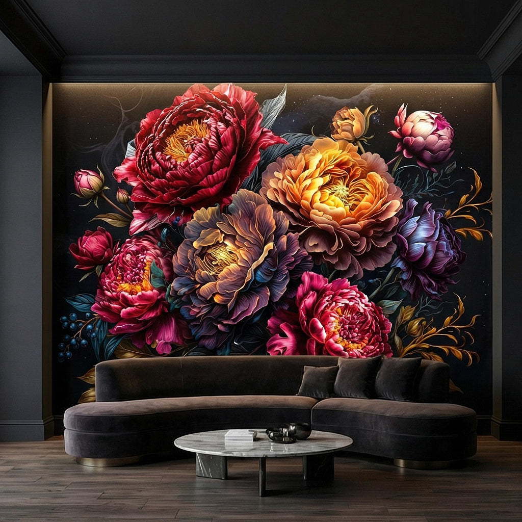 Dark Floral Peel and Stick Wall Mural, Moody Peony Bouquet, Dramatic Maximalist Botanical Bloom, Luxury Statement Wallpaper