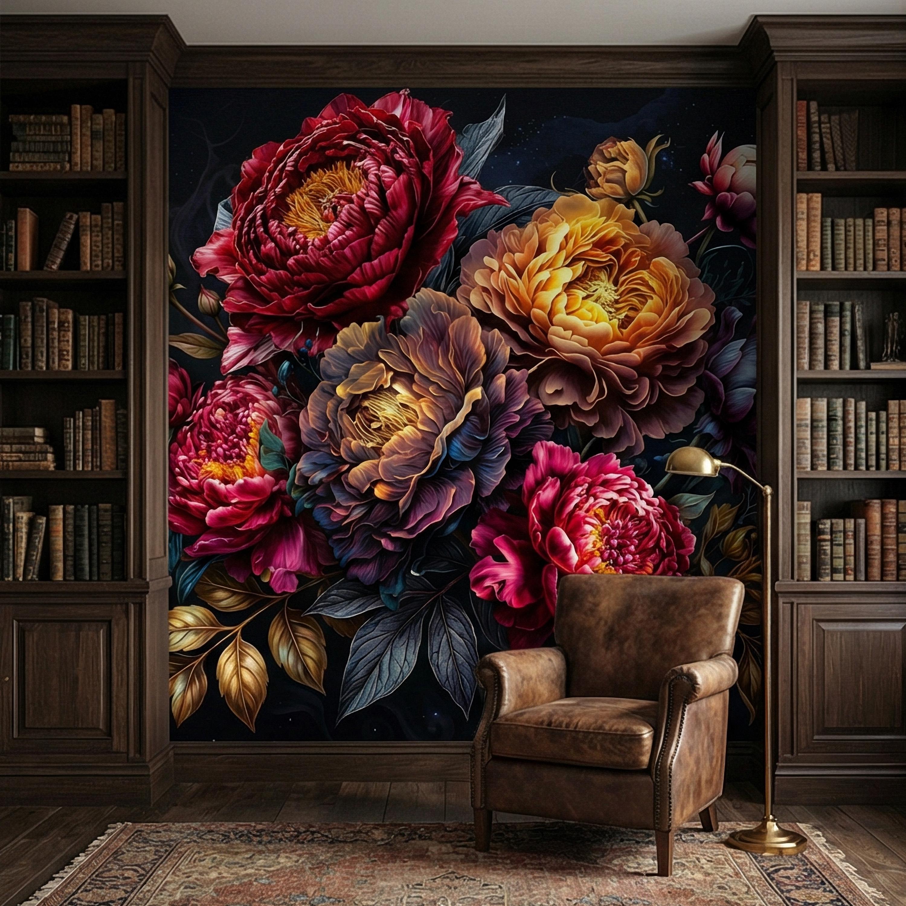 Dark Floral Peel and Stick Wall Mural, Moody Peony Bouquet, Dramatic Maximalist Botanical Bloom, Luxury Statement Wallpaper