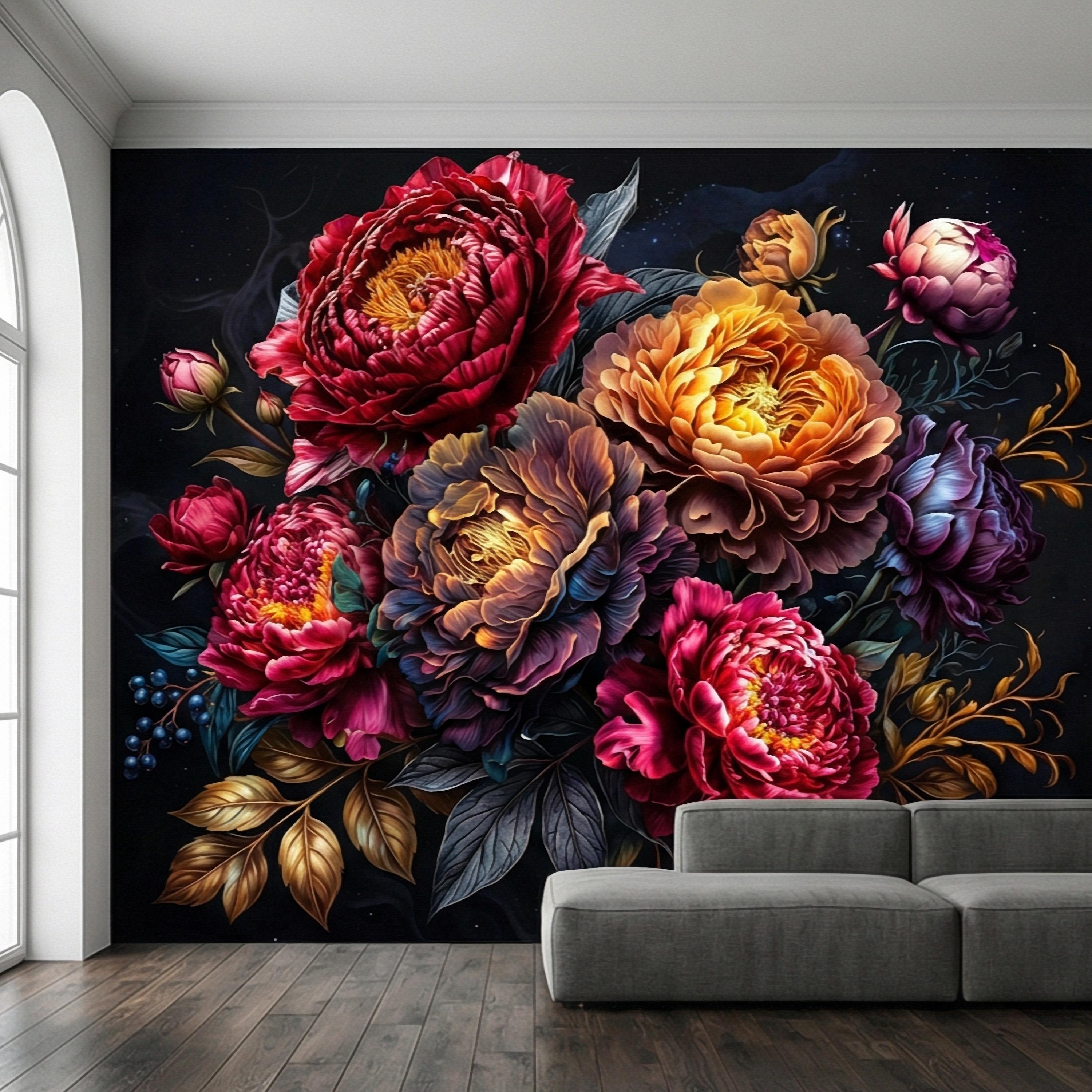 Dark Floral Peel and Stick Wall Mural, Moody Peony Bouquet, Dramatic Maximalist Botanical Bloom, Luxury Statement Wallpaper