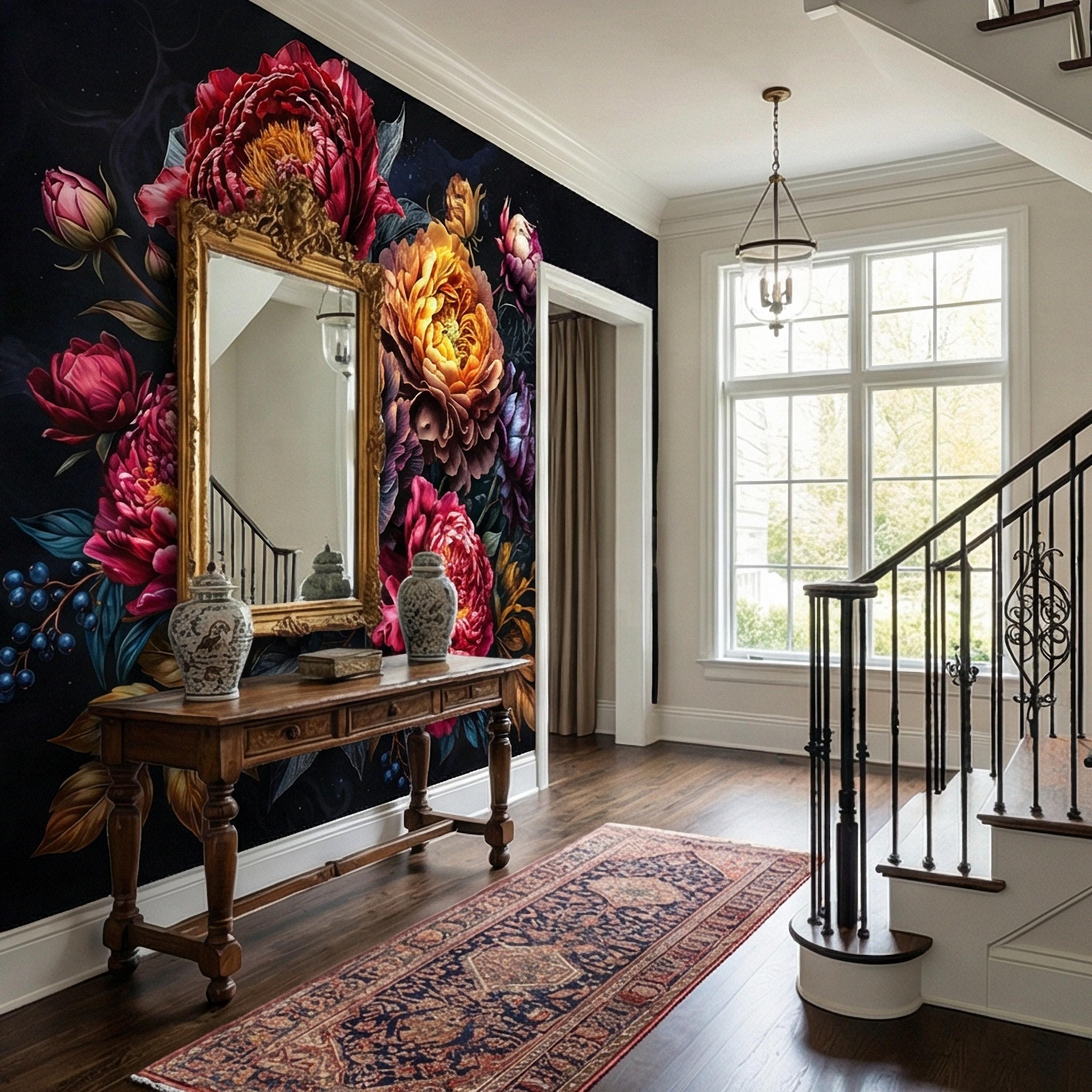 Dark Floral Peel and Stick Wall Mural, Moody Peony Bouquet, Dramatic Maximalist Botanical Bloom, Luxury Statement Wallpaper